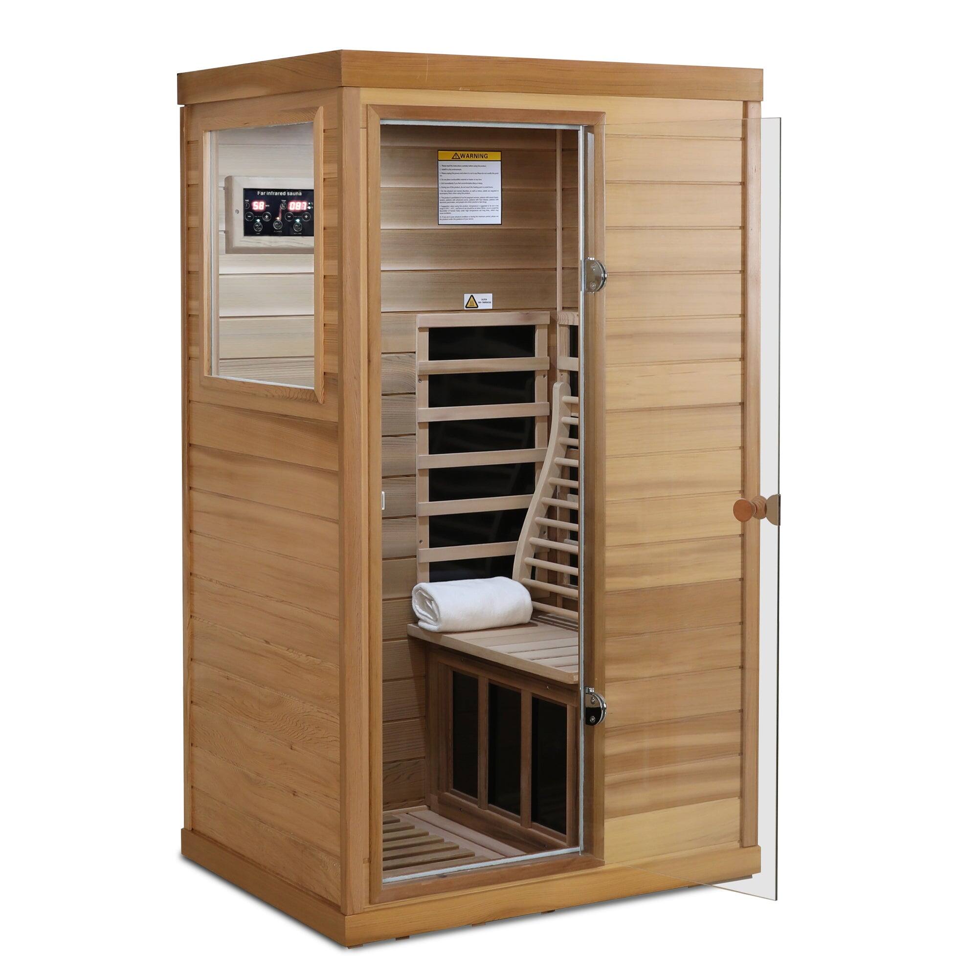 Alt View 8. Boyel Living - Red Cedar Mini One-Person Far Infrared Sauna with Left Glass Door and Bluetooth Audio and LED Reading Light - Natural Wood+Caramel.