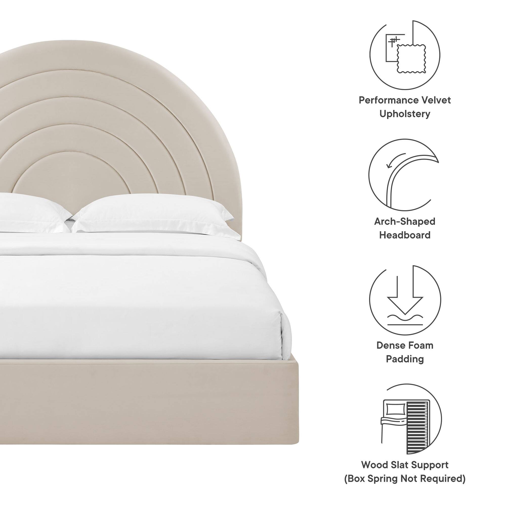 Performance Velvet Upholstery  
Arch-Shaped Headboard  
Dense Foam Padding  
Wood Slat Support (Box Spring Not Required)