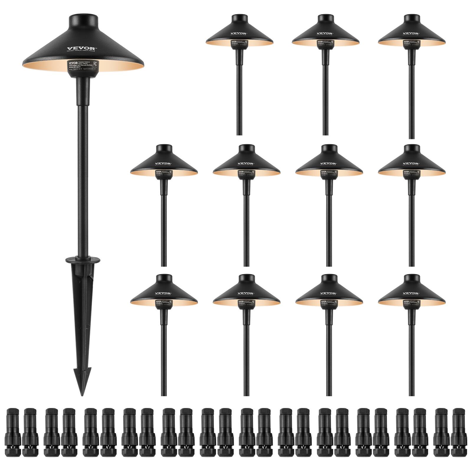 VEVOR - 12 Pack Low Voltage Landscape Path Lights, 3W 210LM 12V-24VAC/DC LED Pathway Lighting, 3000K Warm White Walkway Lights - Black
