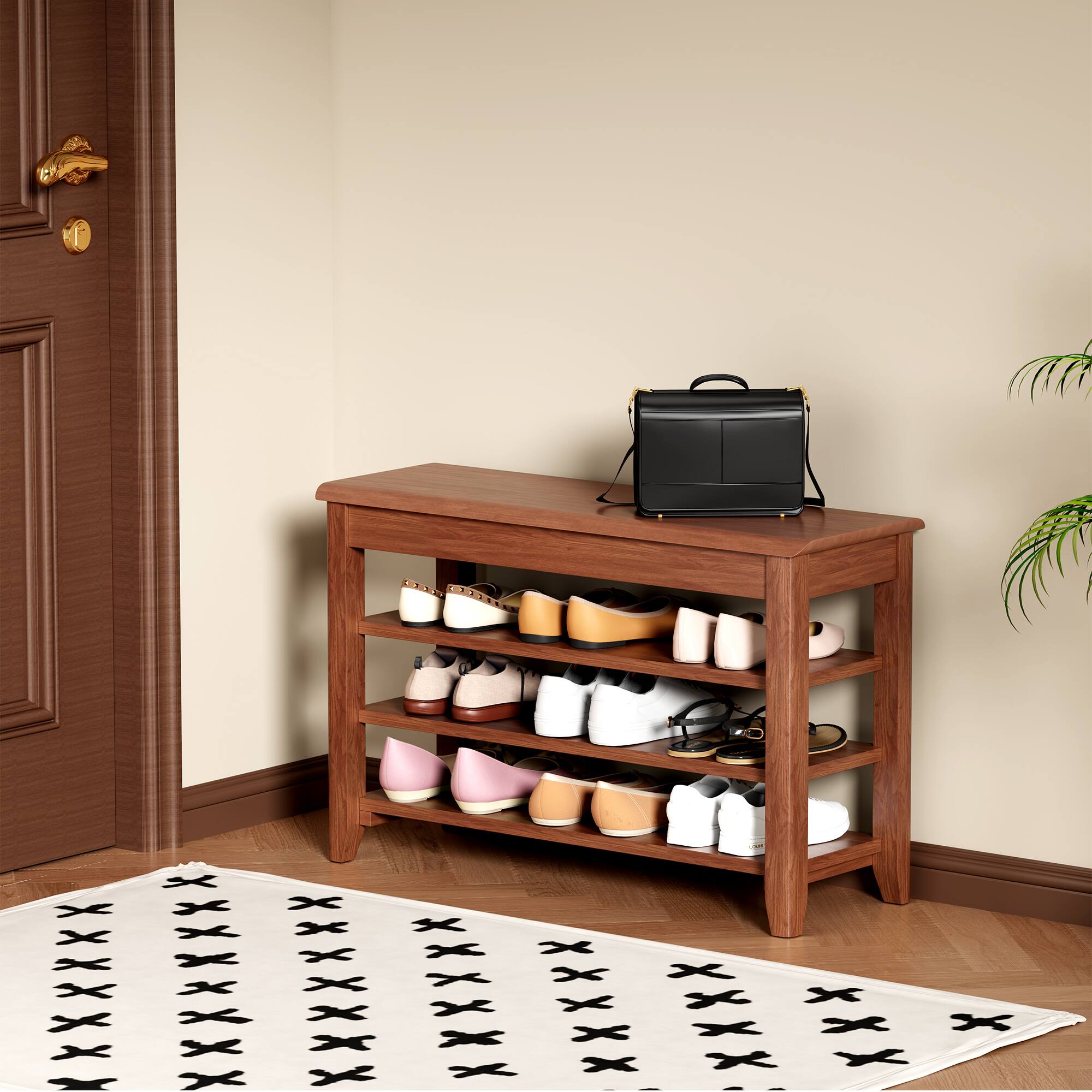 Alt View 2. APRILSOUL - 100% solid wood front door shoe rack wardrobe solid wood shoe bench load-bearing 550 pounds entrance aisle shoe rack - Walnut.