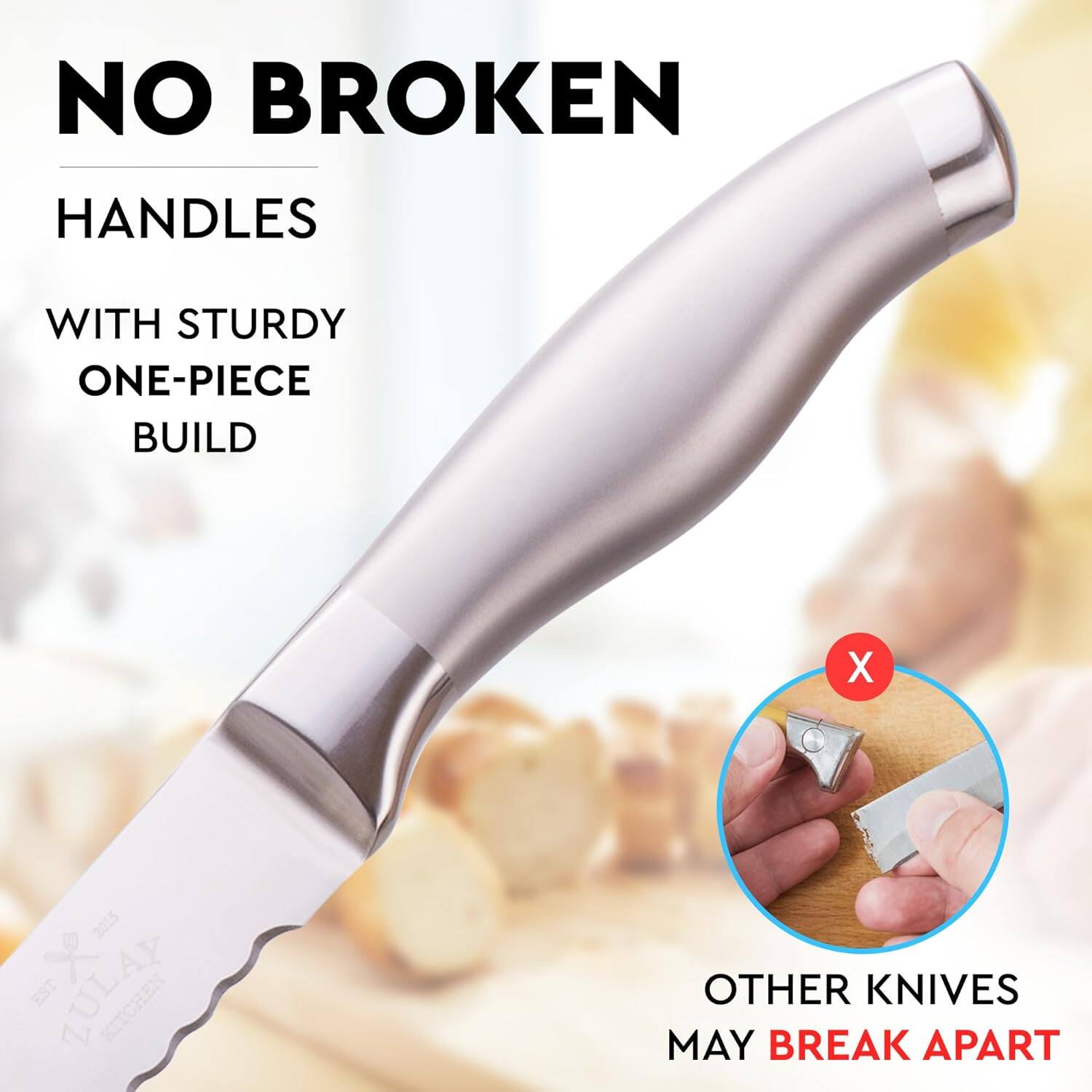 NO BROKEN HANDLES  
WITH STURDY ONE-PIECE BUILD  

X 2015 X LULAY KITCHEN  

OTHER KNIVES MAY BREAK APART