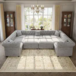 Anysun - 134" U-Shaped Chenille Chesterfield Tufted Deep Seat Sectional Sofa with Rolled Arms & Nailhead Trim, 2 Storage Ottomans - Light Gray