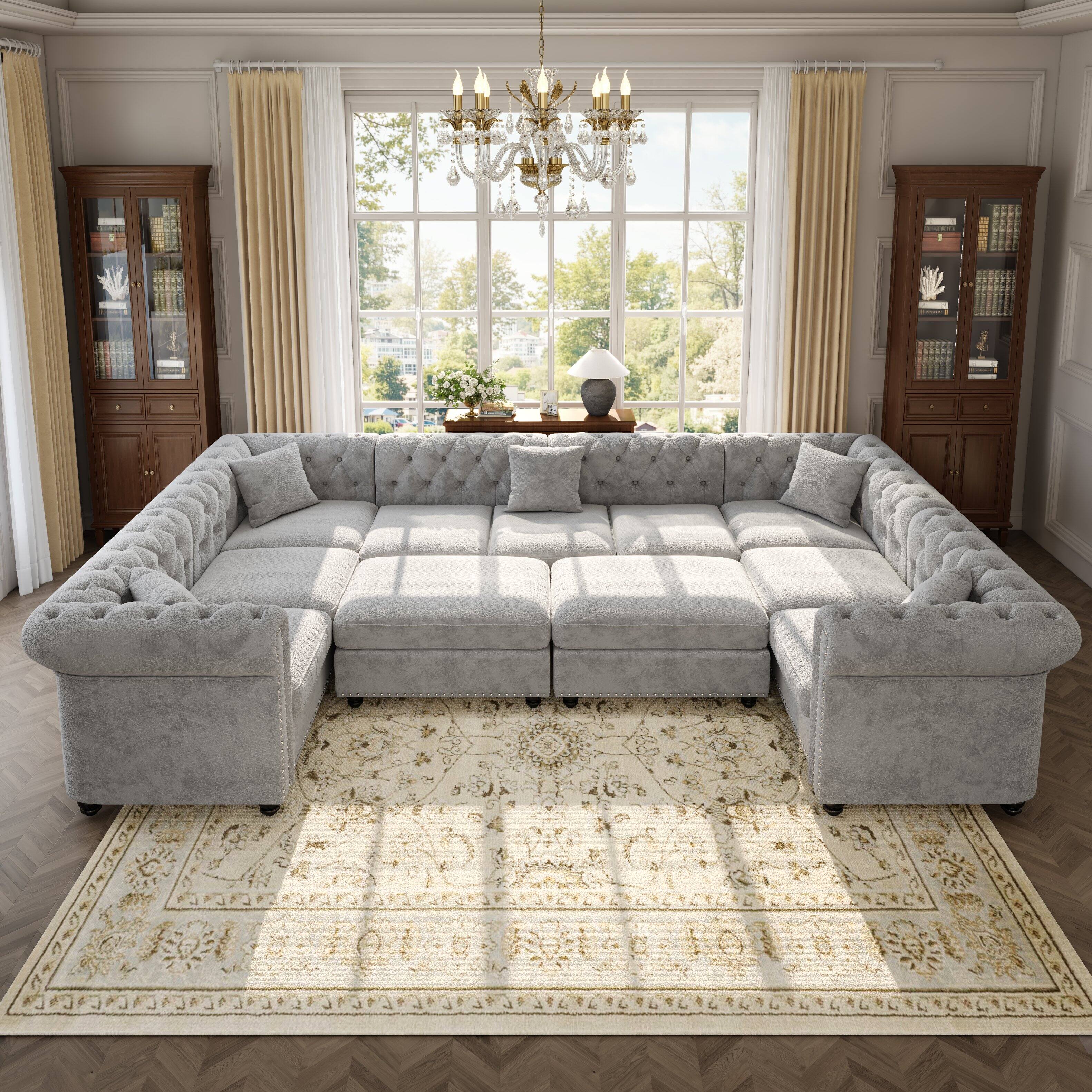 Front. Anysun - 134" U-Shaped Chenille Chesterfield Tufted Deep Seat Sectional Sofa with Rolled Arms & Nailhead Trim, 2 Storage Ottomans - Light Grey.