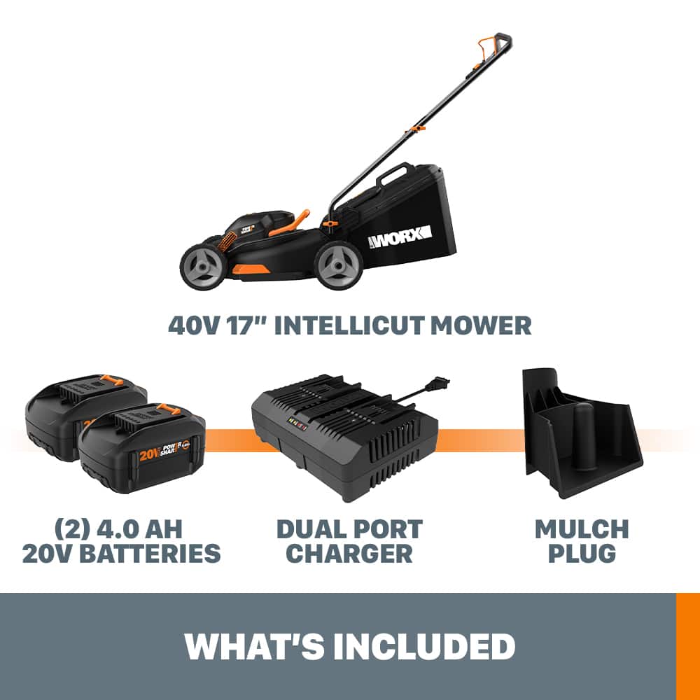 WORX 40V 17" INTELLICUT MOWER 6 2014 2019 da (2) 4.0 DUAL PORT 20V BATTERIES CHARGER MULCH PLUG WHAT'S INCLUDED