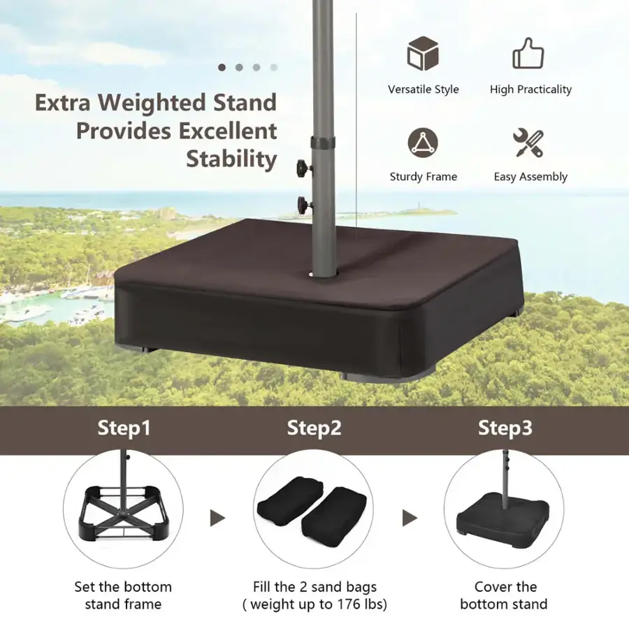 The image features a product that is an extra weighted stand, providing excellent stability. The stand has a versatile style and a sturdy frame, making it practical and easy to assemble. The product comes with a step-by-step guide, which includes setting the bottom stand frame and filling the two sand bags (weight up to 176 lbs). The final step is to cover the bottom stand.