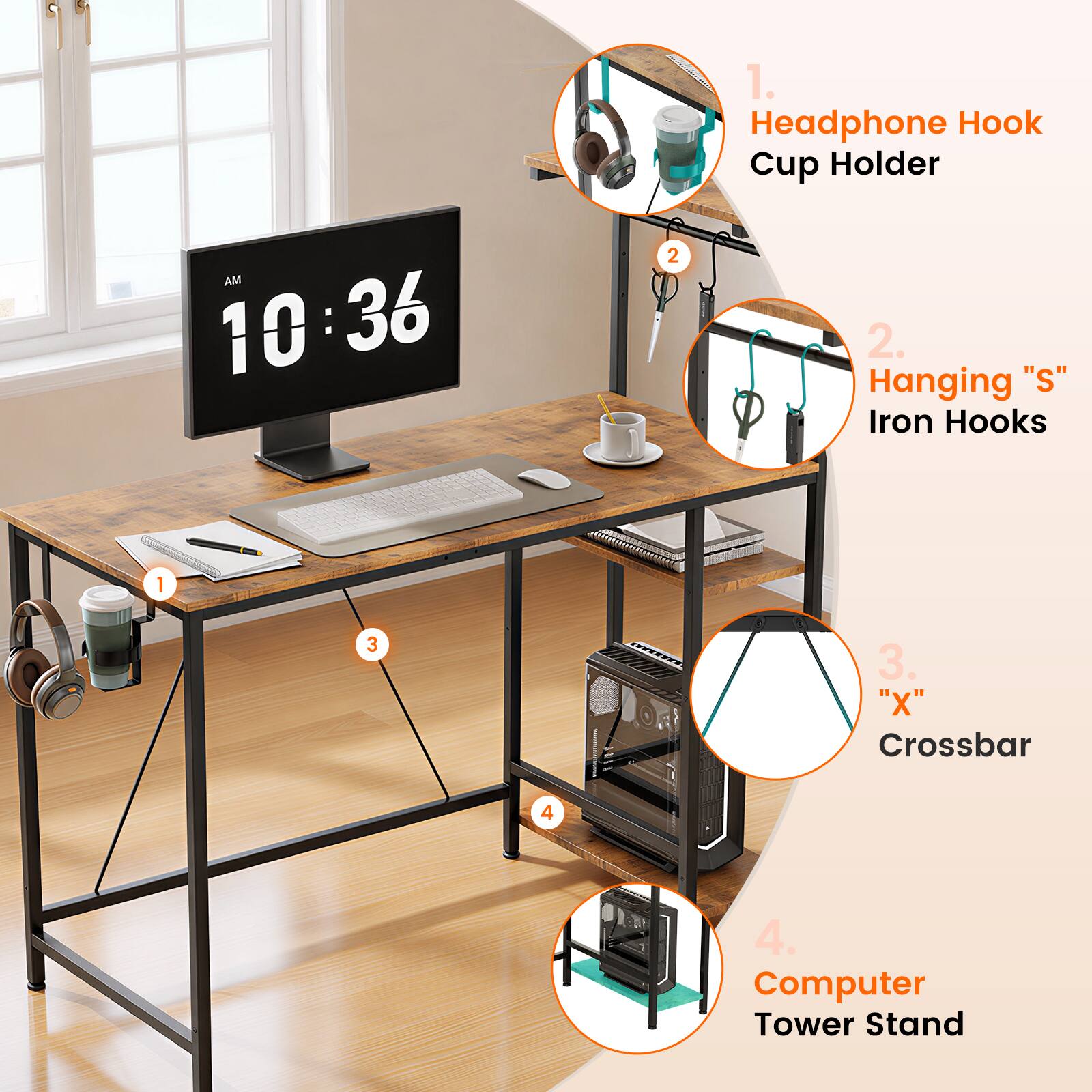 AM 10:36

1. Headphone Hook Cup Holder
2. Hanging "S" Iron Hooks
3. "X" Crossbar
4. Computer Tower Stand