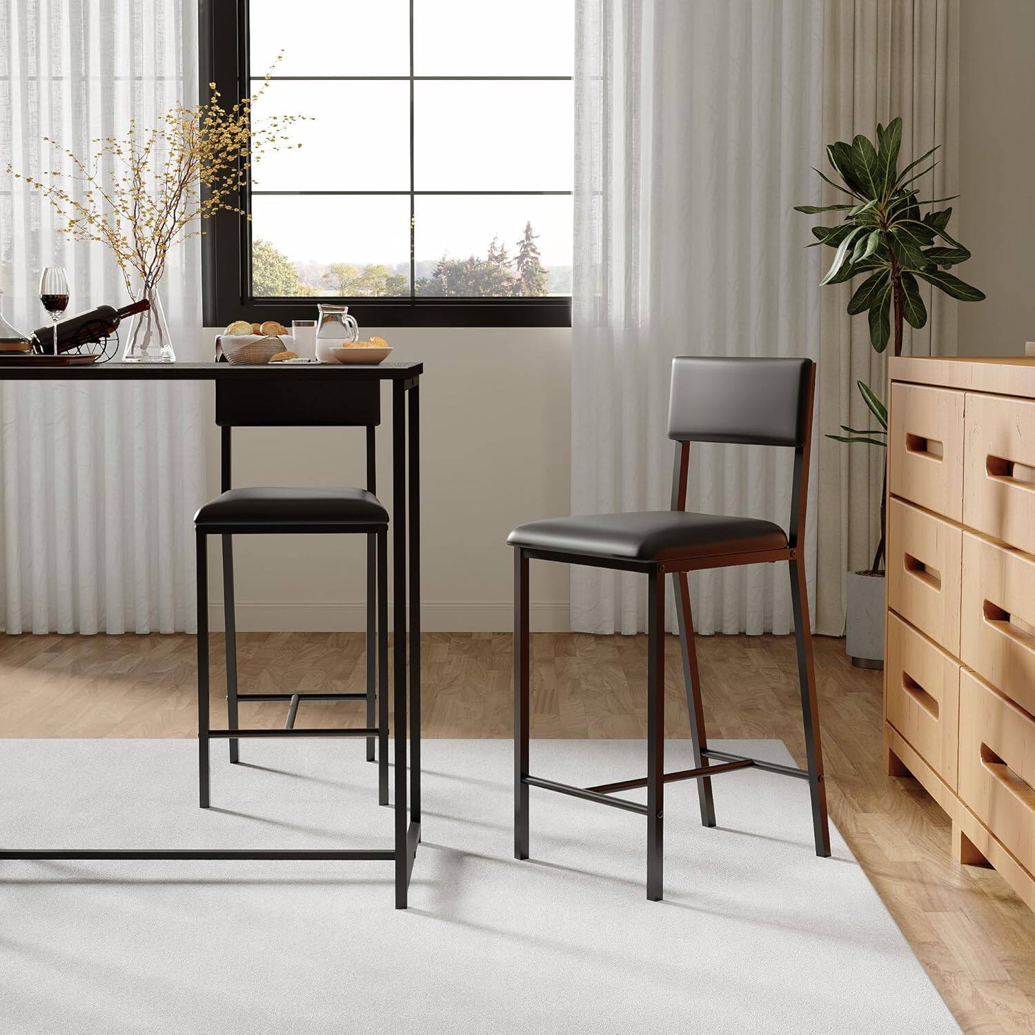 Front. GARVEE - Bar Stools, Set of 2 Dining Chairs, Kitchen Breakfast Chairs with Upholstered, 26" Tall Counter Bar Stools, Black - Black.