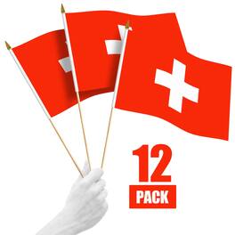 G128 - 12-Pack Handheld Switzerland Flags 12 x 18 in, 150D Polyester on Wooden Stick with Gold Spear Tip - Assorted Colors
