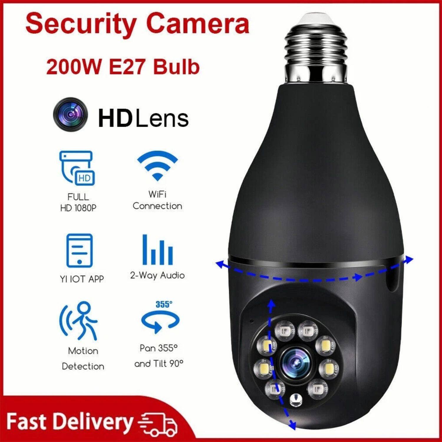 Security Camera  
200W E27 Bulb  

HD Lens  
FULL HD 1080P  
WiFi Connection  
YI IOT APP  
2-Way Audio  
Motion Detection  
Pan 355° and Tilt 90°  

Fast Delivery