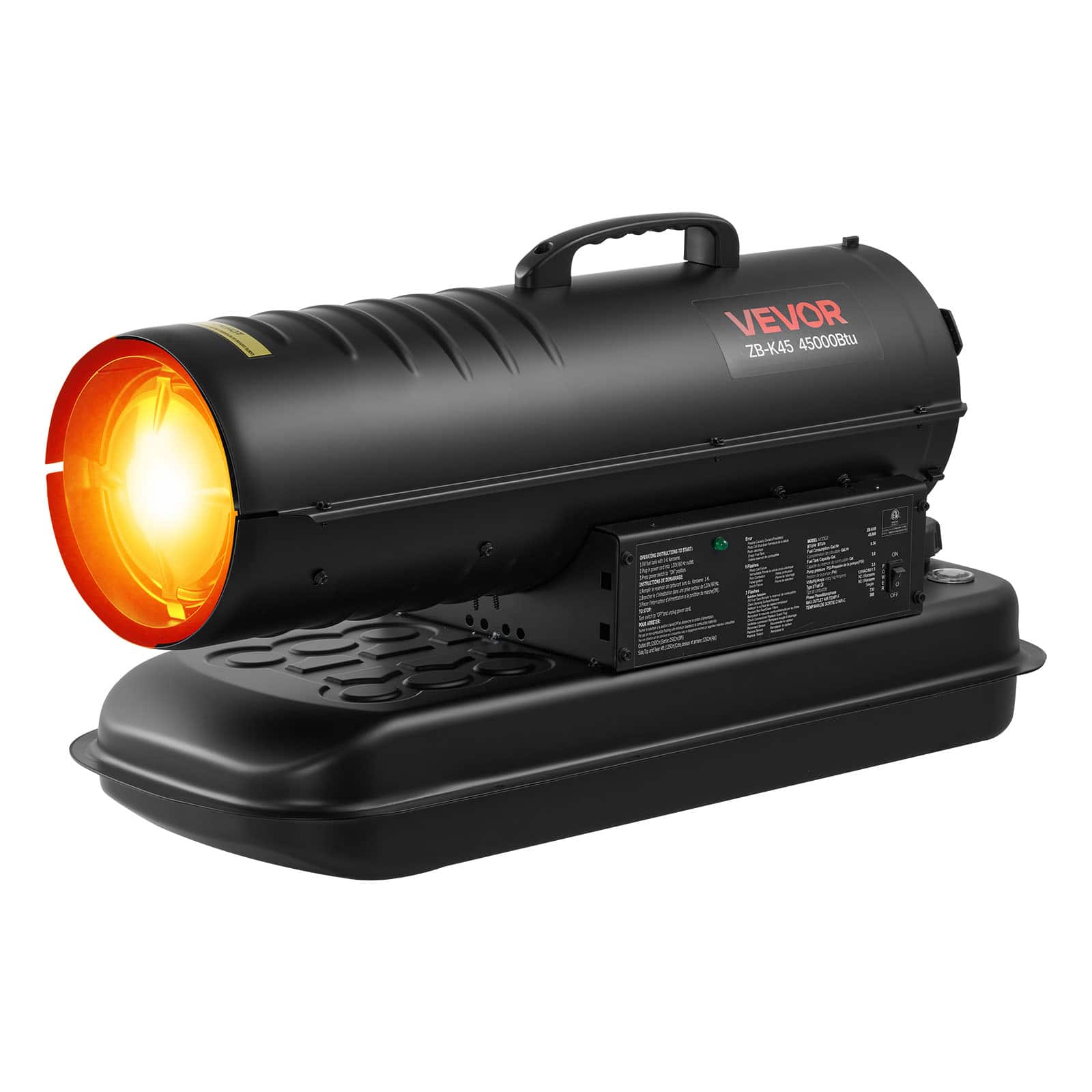 VEVOR - 45000 BTU Forced Air Kerosene Diesel Heater, Portable Torpedo Space Heater with Wheels & Handle, Blower-Type for Jobsite - Black