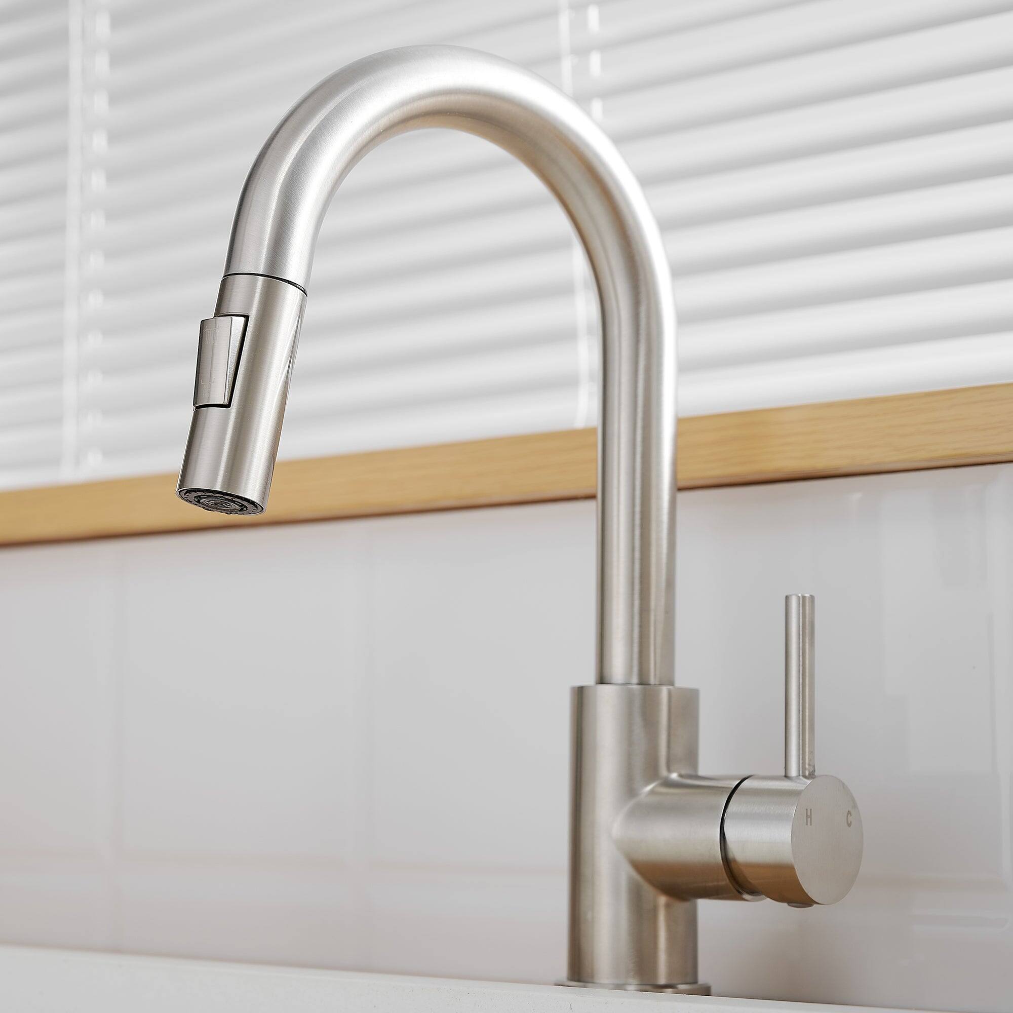 Angle. Boyel Living - Brushed Nickel Single Handle Pull Down Bar Faucet with Water Supply Hoses and Ceramic Disc Cartridge - Brushed Nickel.