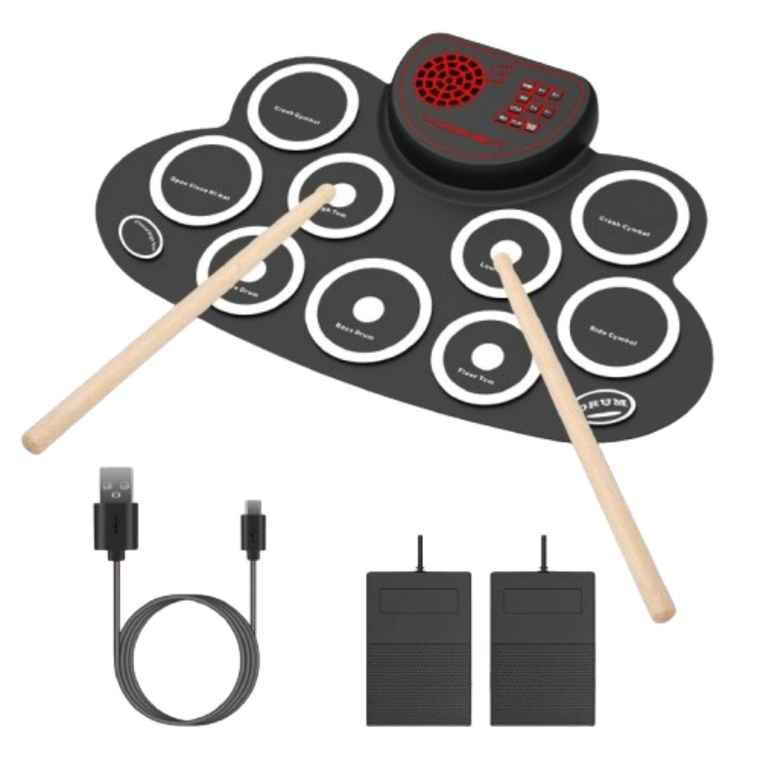 Stock Preferred - 10-Pad Electronic Drum Set with Built-in Speaker, Headphone Jack & Dual Pedal - Black
