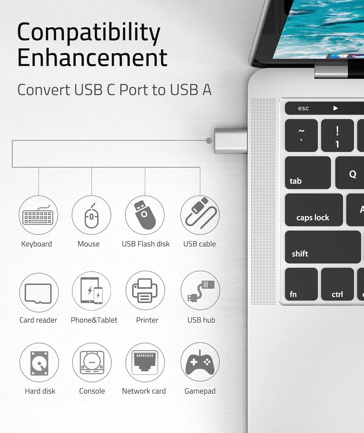 Compatibility Enhancement  
Convert USB C Port to USB A  

- Keyboard  
- Mouse  
- USB Flash disk  
- USB cable  
- Card reader  
- Phone & Tablet  
- Printer  
- USB hub  
- Hard disk  
- Console  
- Network card  
- Gamepad