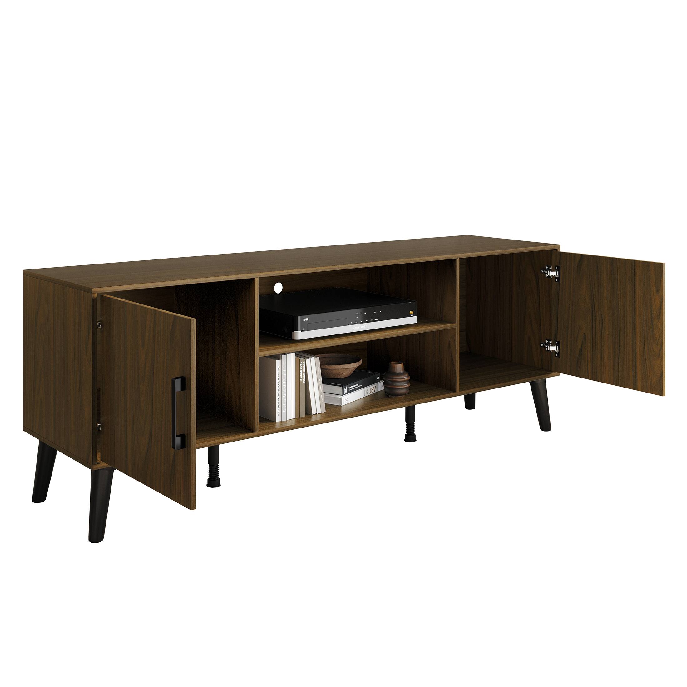 Alt View 1. ChaletPosh - Modern TV Console with 2 Cabinets and Open Shelving, Brown - Brown.