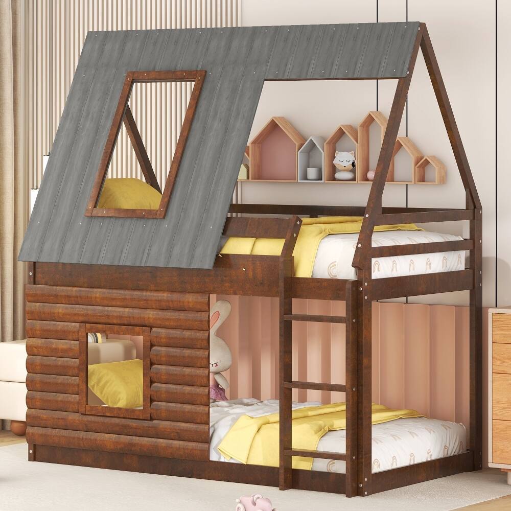 Angle. Loheer - Loheer Wood Twin Over Twin House Bunk Bed with Roof and Windows Oak - Oak & Smoky Grey.