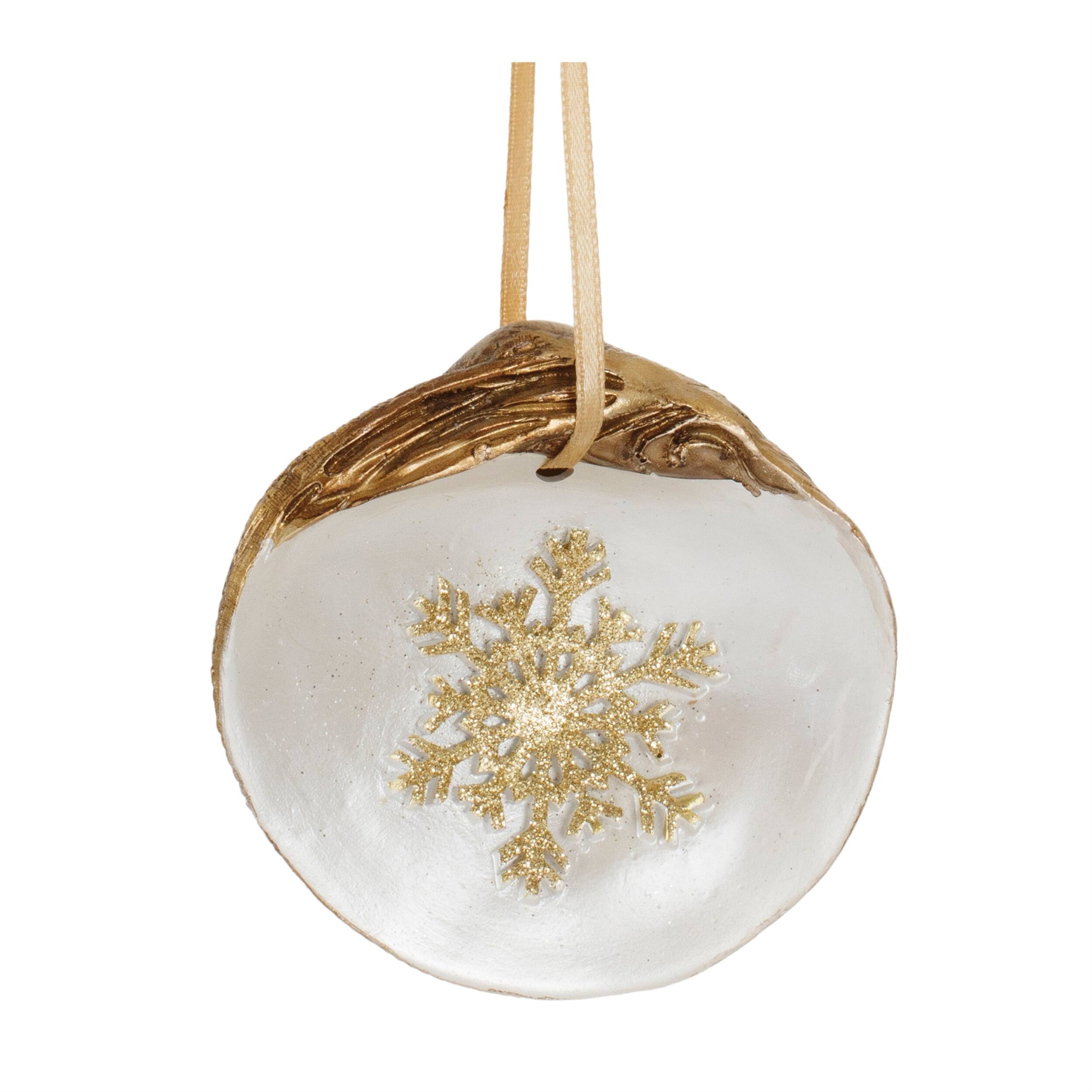 Back. BreeBe - Clam Shell Snowflake Ornament (Set of 12) - Gold, White.