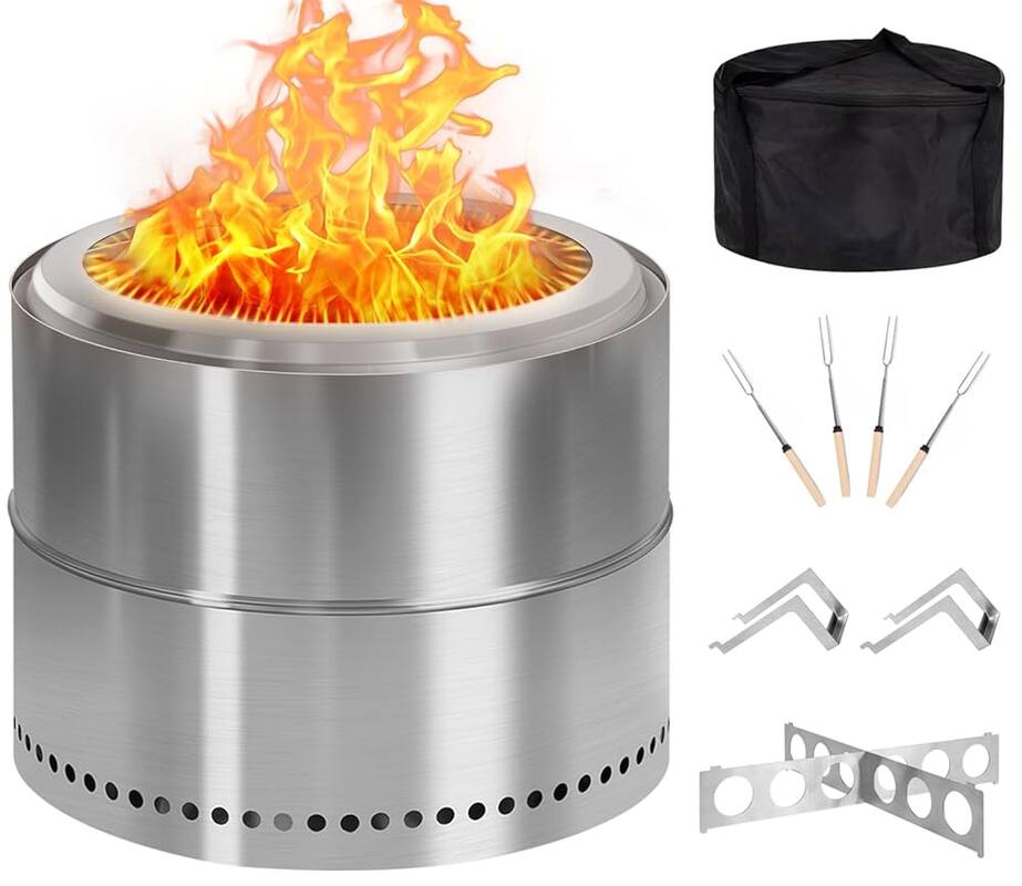 Front. FODINGHILL - Low-Smoke Fire Pit, 19-Inch Portable Outdoor Bonfire with Stand, Carry Bag, and Cooking Accessories - silver.
