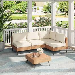 Yardgrace - 5-Piece PE Rattan Wicker Outdoor Sectional Sofa Set, All-Weather with Thick Cushions for Garden - Beige