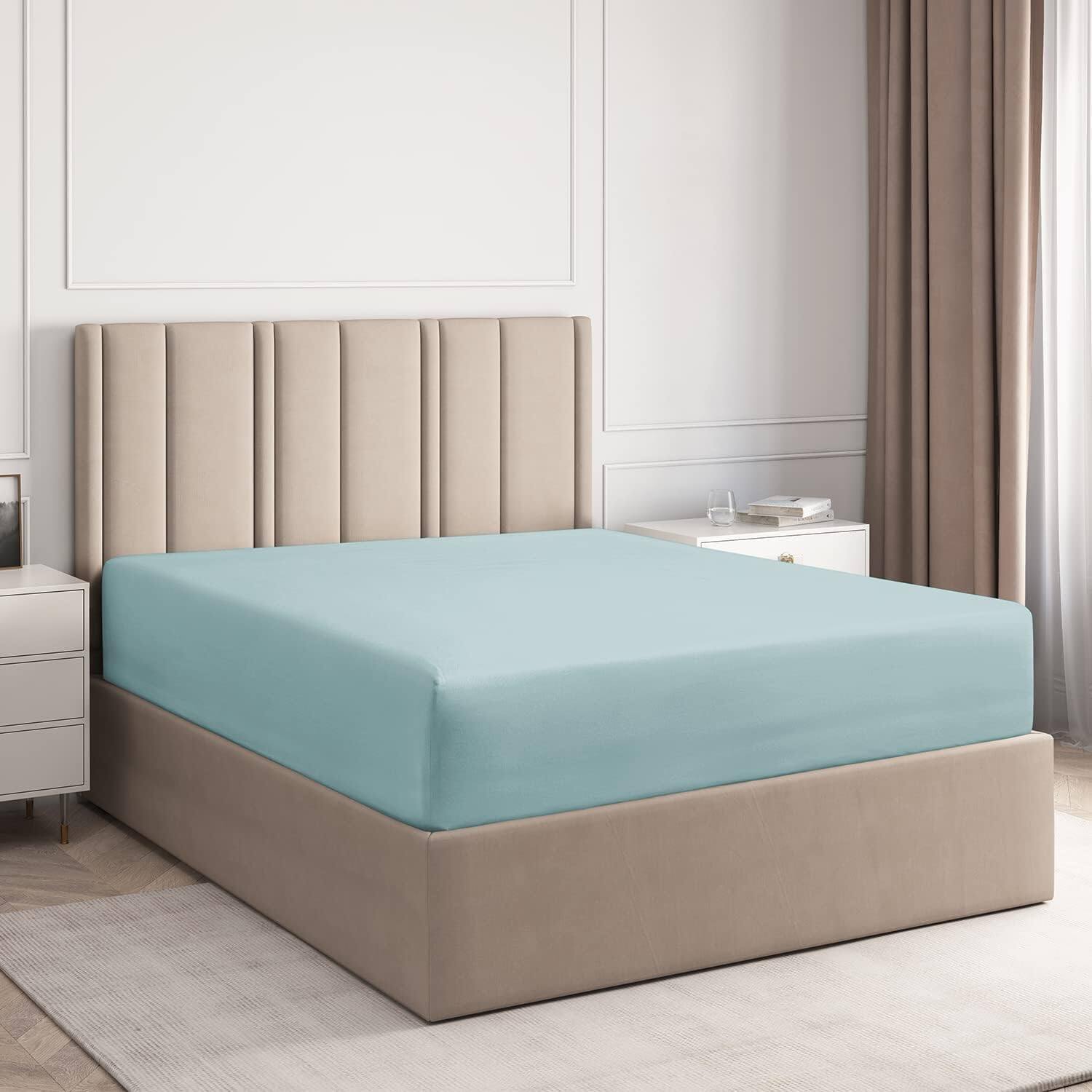 CGK Linens - 100% Cotton Sateen 400 TC Fitted Sheet Only - Deep Pocket for 8"-16" Mattresses - Light Blue