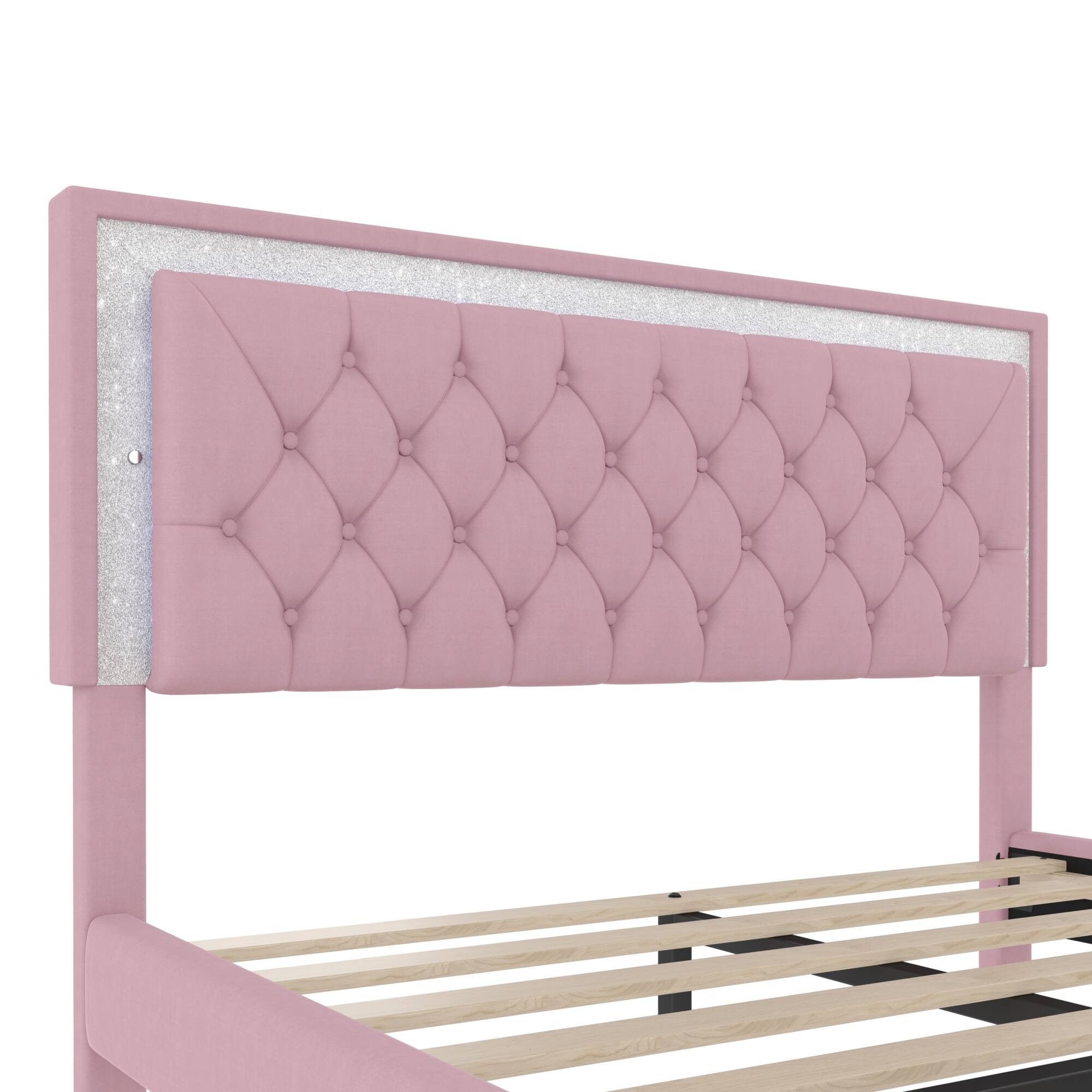 Alt View 5. GOODSILO - Elegant Velvet Upholstered Queen Bed Frame with LED Lights and Tufted Headboard - Pink.