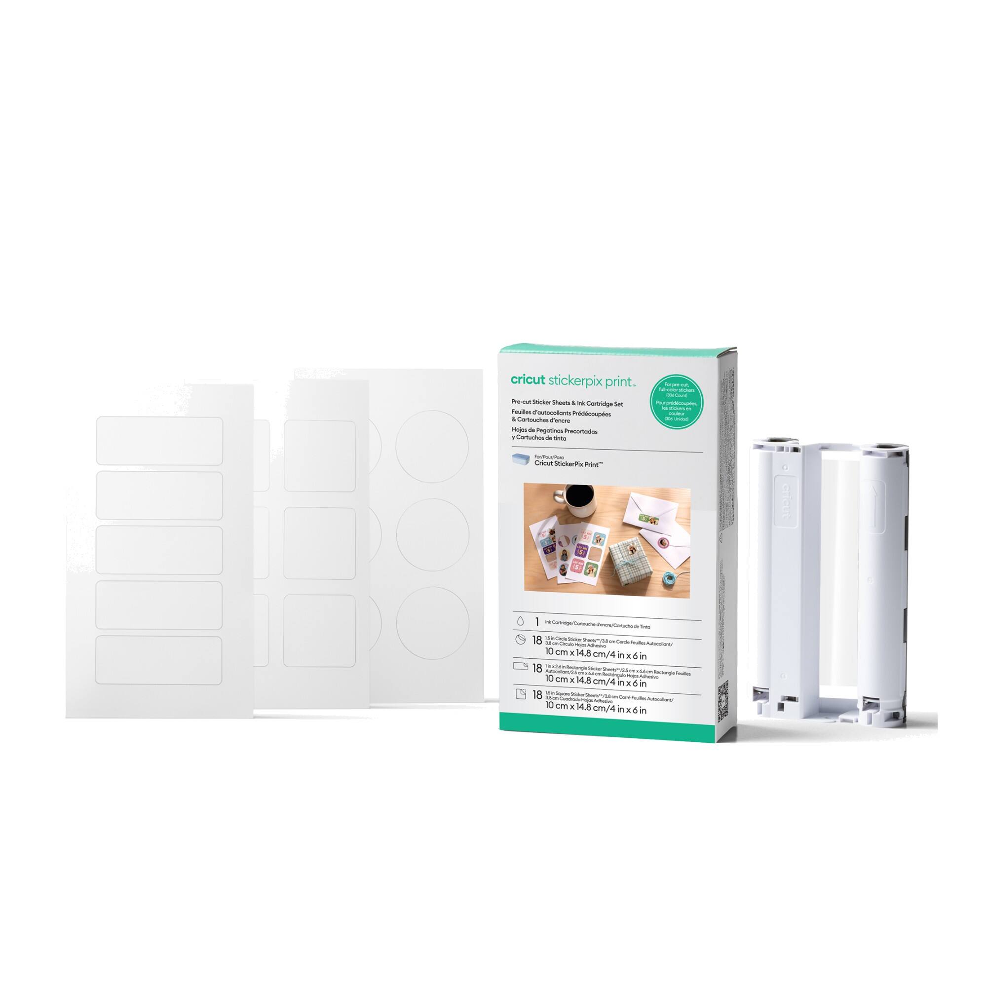 Cricut StickerPix Print
Sticker Shouts & 14 Cartridge Set
6 Autocollants Précoupés
1 Cortouches Face Mojos de Pegotinos
Precertificados
Cortuchos de tinta
18 Autocollants Take Posts
10 cm X 14.8 cm/4inx6in