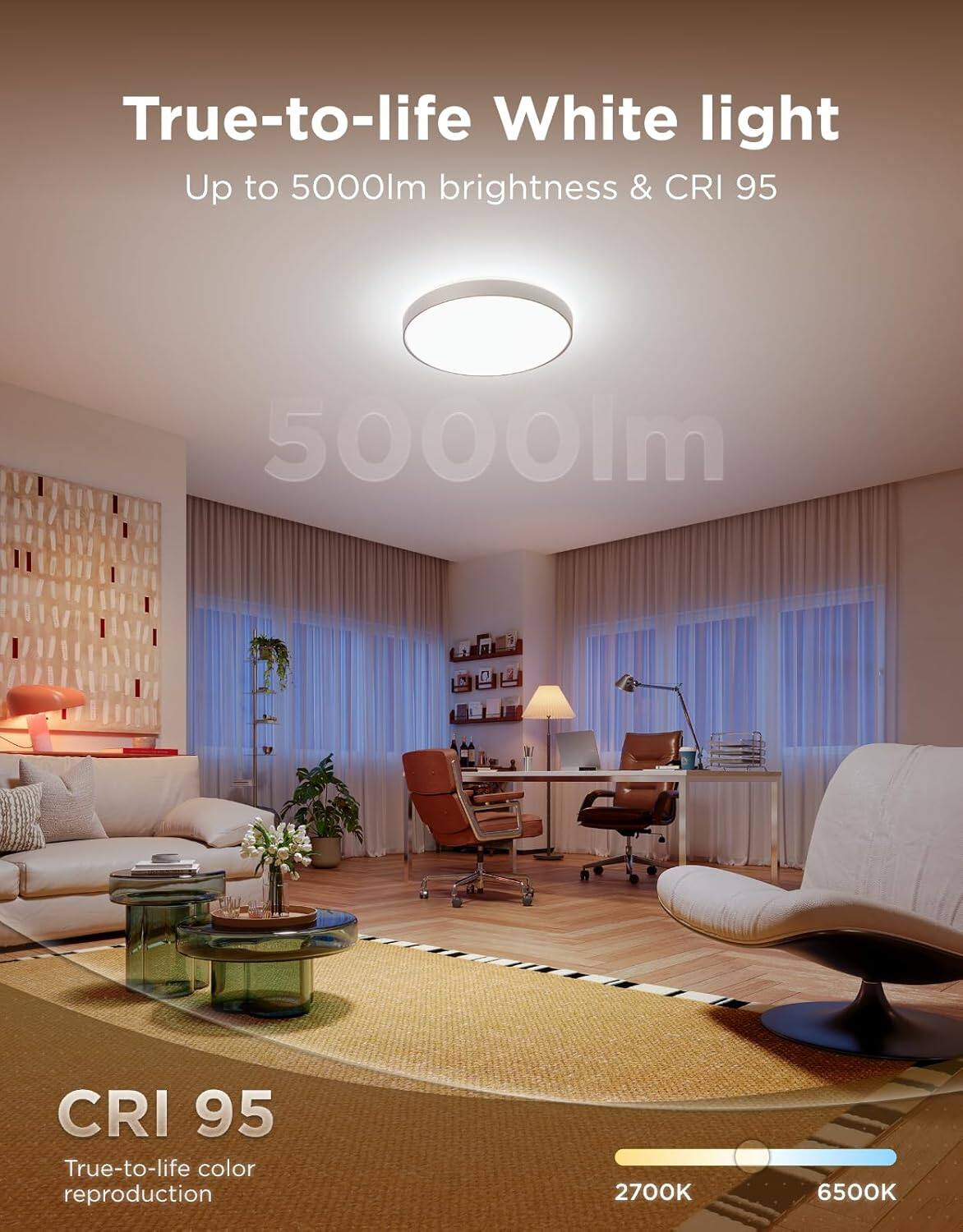 True-to-life White light  
Up to 5000lm brightness & CRI 95  
CRI 95  
True-to-life color reproduction  
2700K 6500K