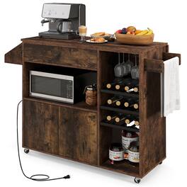 Gymax - Kitchen Island Cart w/ Drop-Leaf & Power Outlet Microwave Shelf Wine Rack Drawer - Rustic Brown