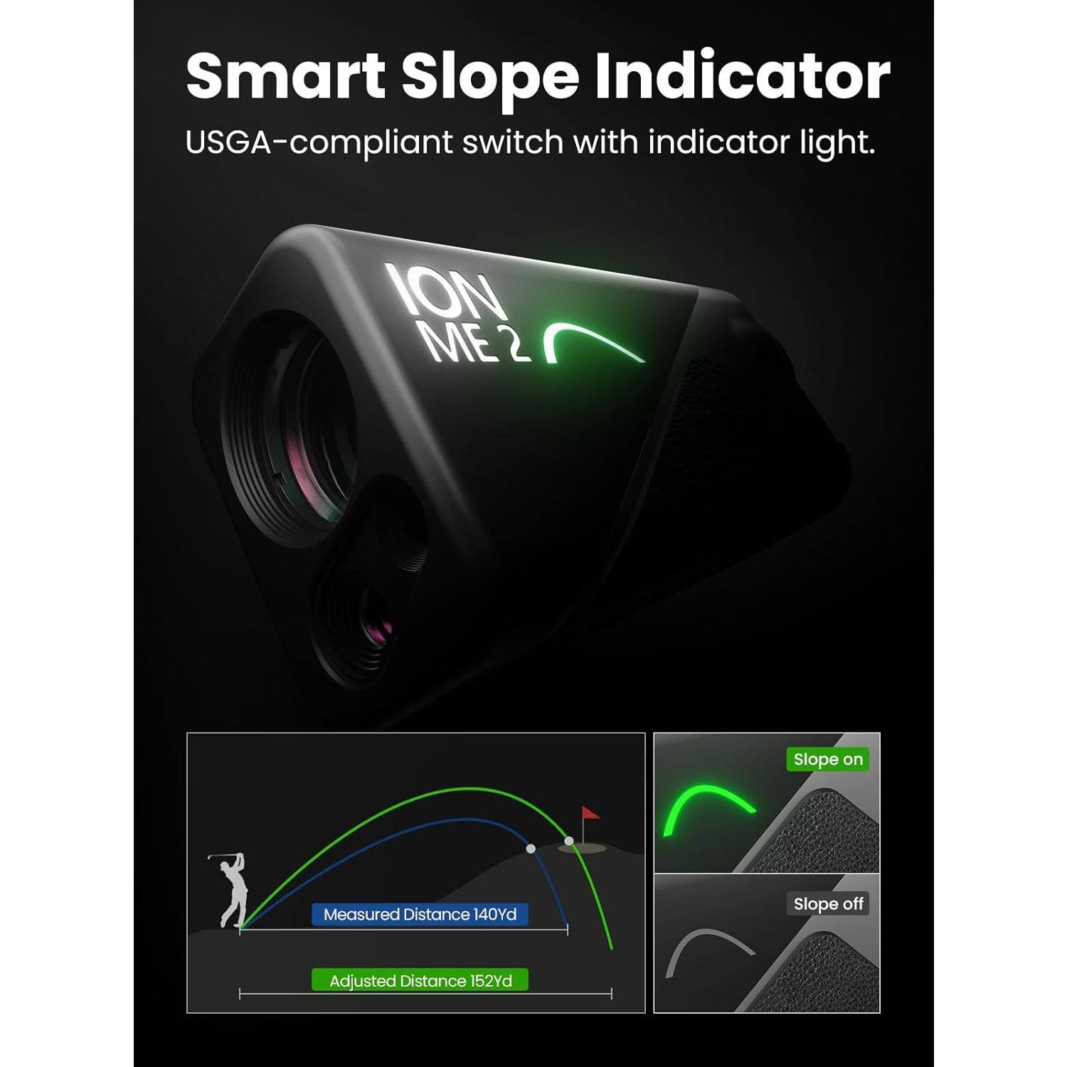Smart Slope Indicator  
USGA-compliant switch with indicator light.  

ION ME 2  

Slope on  
Measured Distance 140Yd  

Slope off  
Adjusted Distance 152Yd