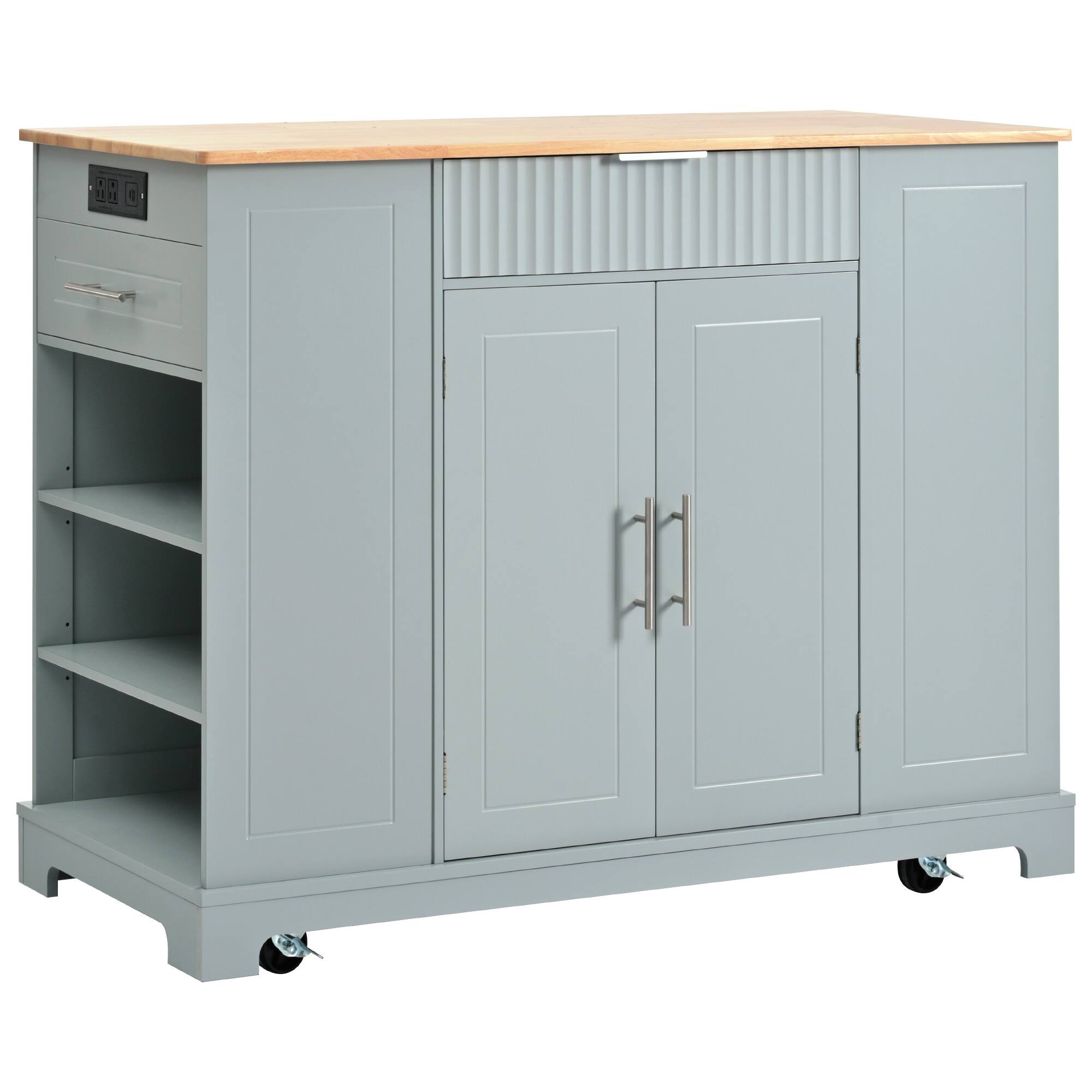 Left. Whisen - Fluted Kitchen Island Cart with Power Outlet & Trash Can Storage for Kitchen and Dining Room - Gray Blue.