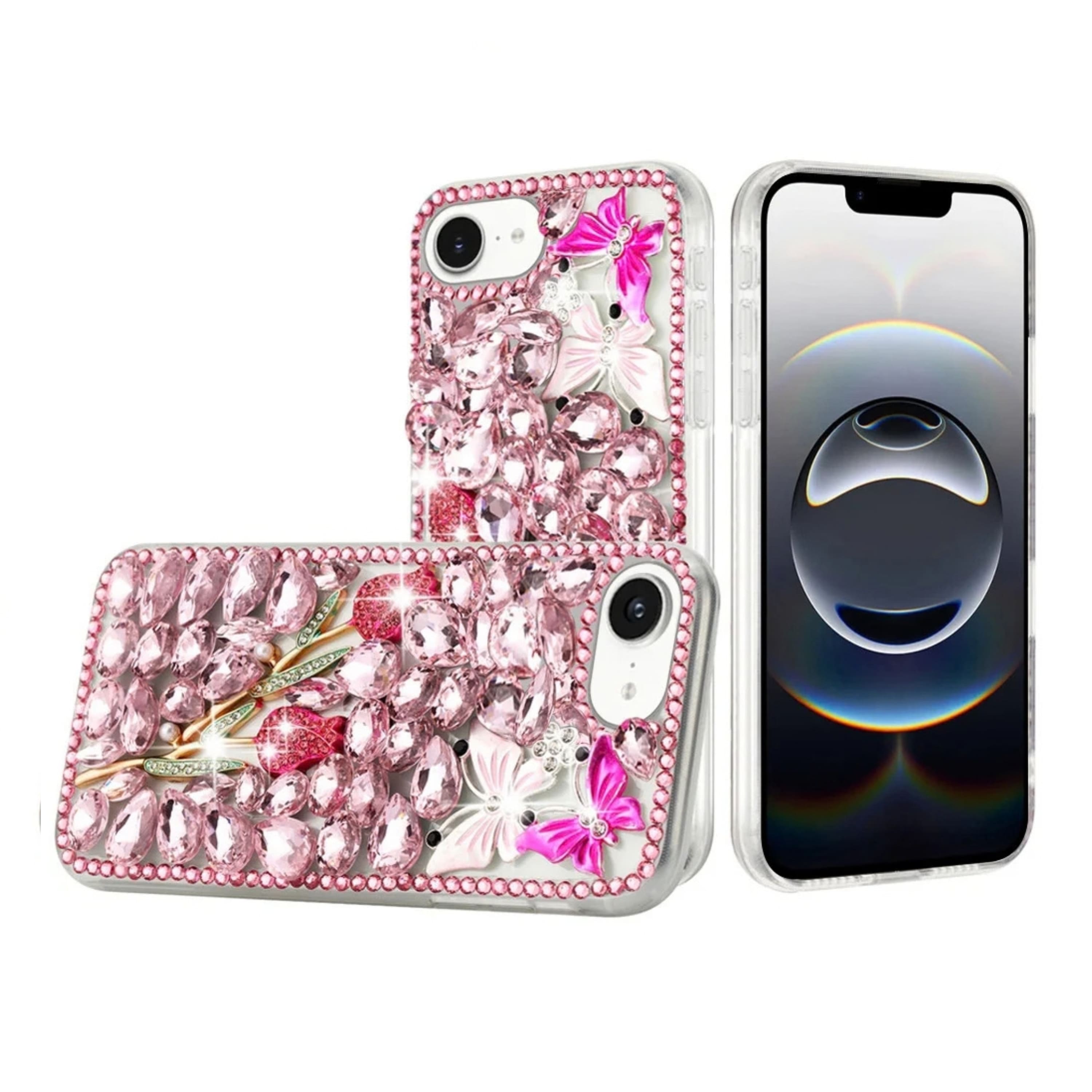 Kitcheniva - Full Diamond Faux 3D Jewel Phone Case With Tempered Glass For iPhone 16e 17e Garden - Pink