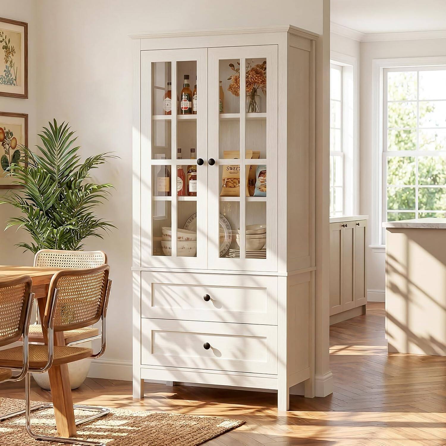 Front. Aheaplus - 63'' Tall Farmhouse Kitchen Pantry Cabinet with 2 Drawers and Adjustable Shelf - Rustic White.