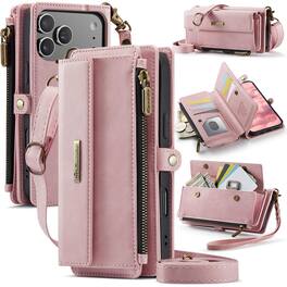 Dteck - Wallet Case for Apple iPhone 17 Pro Max, Leather Shockproof Card Slots Zipper Pocket Cover With Shoulder Strap+Lanyard - Pink