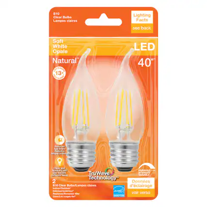 B10 Clear Bulbs Lampes claires
Lighting Facts see back
Soft White Opale Natural
IASTEQUE 13+ PARSIAN
LED W 40h
Reduced Lye Strain Rduit la fatigue oculair
Clean and Natural Light
DIMMABLE++
Une lumire TruWave
INTENSITL naturelle saine VARIABLE
Technology 2
Donnes
B10 Clear Bulbs/Lampes claires dclairage
Indoor/Outdoor Intrieur/extrieur
Remplace 40w
Uses/Les usages 4w