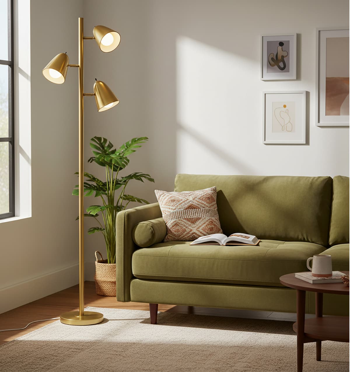 Alt View 4. FINEAK - 3-Light Tree Floor Lamp - Brushed Gold Tall Standing Pole Lamp with 3 Adjustable Arms | Reading Lamp - Brushed.