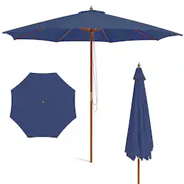 Costway - 10FT Patio Wooden Market Table Umbrella Pulley with 8 Bamboo Ribs Sunshade Canopy - Navy