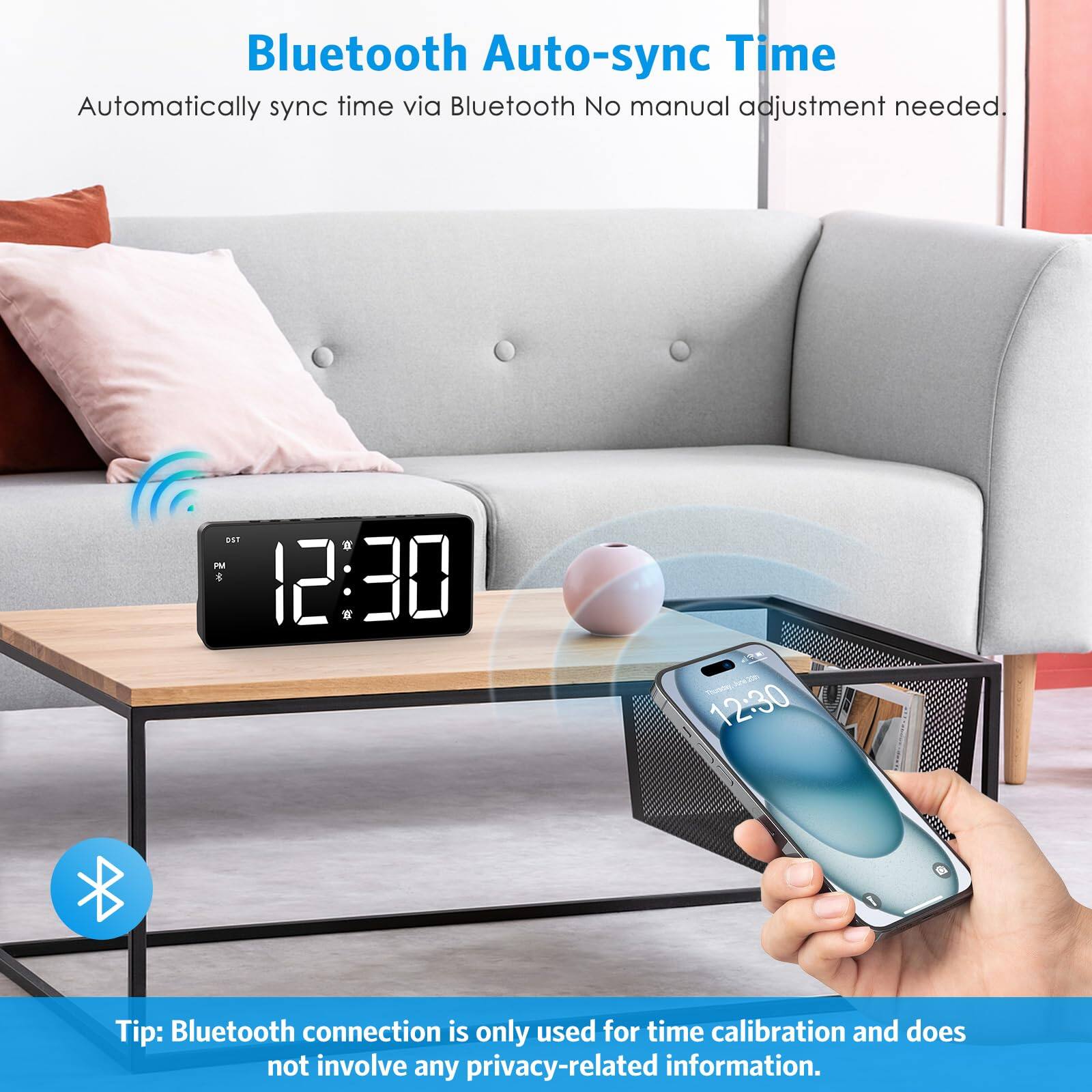 Bluetooth Auto-sync Time  
Automatically sync time via Bluetooth. No manual adjustment needed.  

Tip: Bluetooth connection is only used for time calibration and does not involve any privacy-related information.
