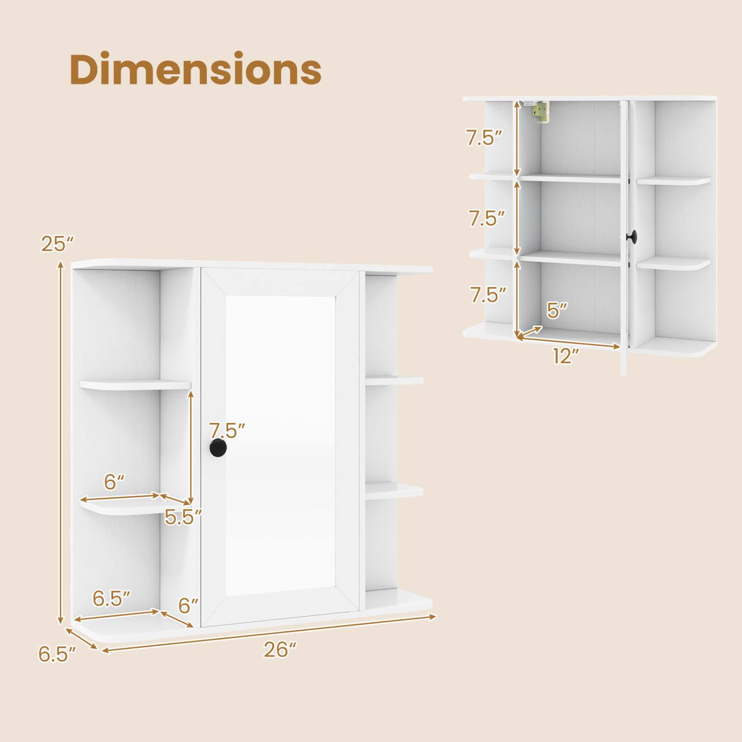 Dimensions
- 25"
- 7.5" (x3)
- 5"
- 12"
- 6"
- 5.5"
- 6.5" (x2)
- 26"