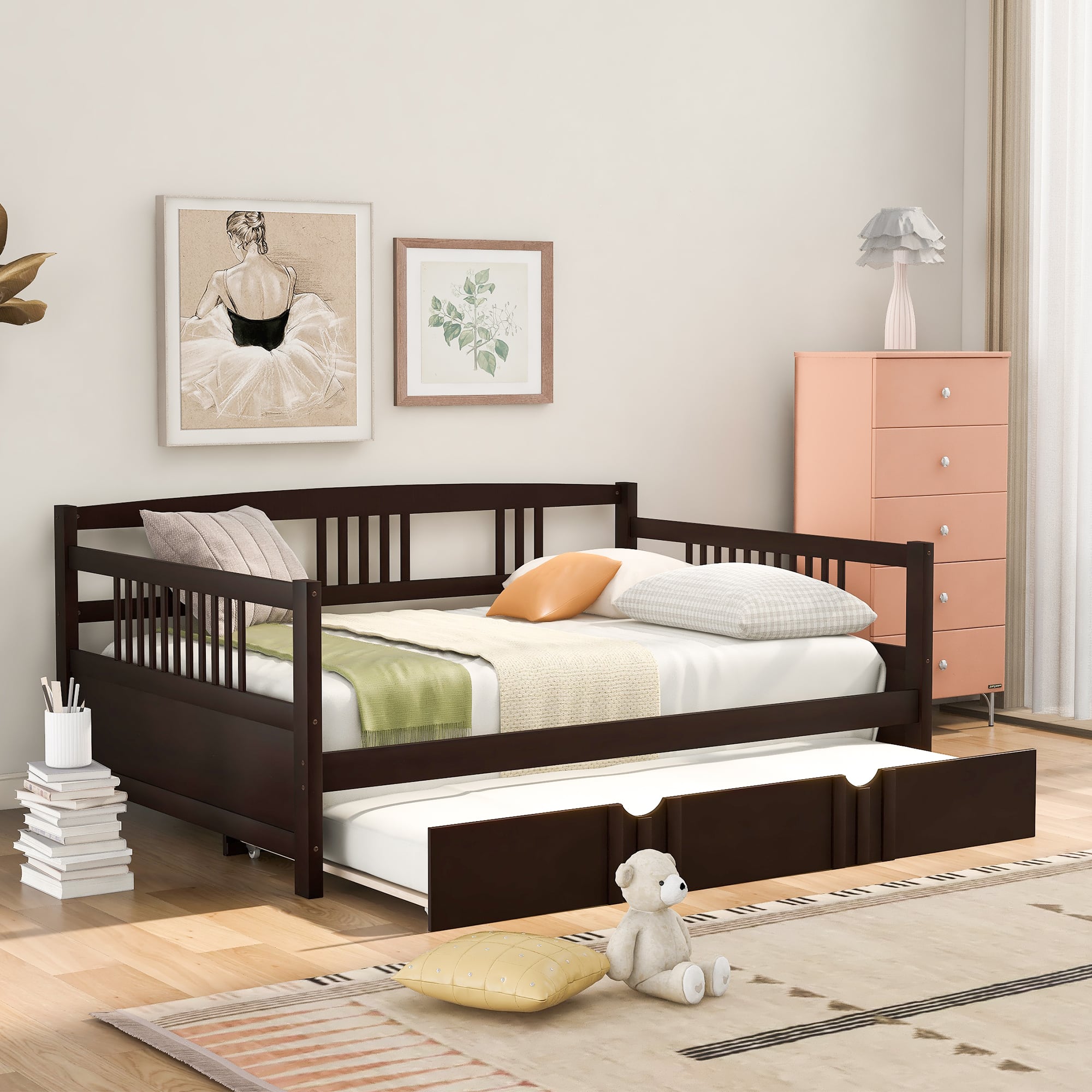 Tiramisubest - Full Size Daybed Wood Bed with Twin Size Trundle,Espresso - Espresso