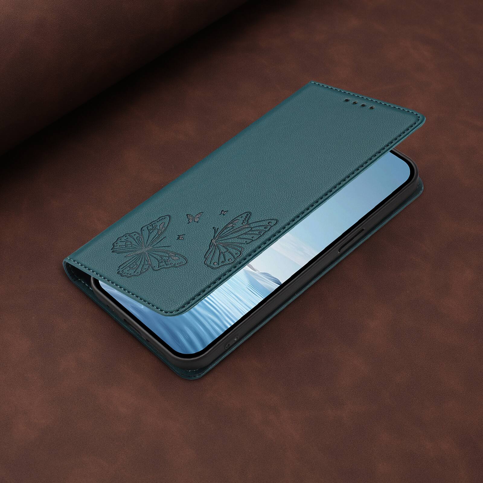Alt View 6. Dteck - For Motorola G 5G (2026) Butterfly Embossed PU Leather RFID Blocking Flip Kickstand Wallet Case with Card Slots - Darkgreen.
