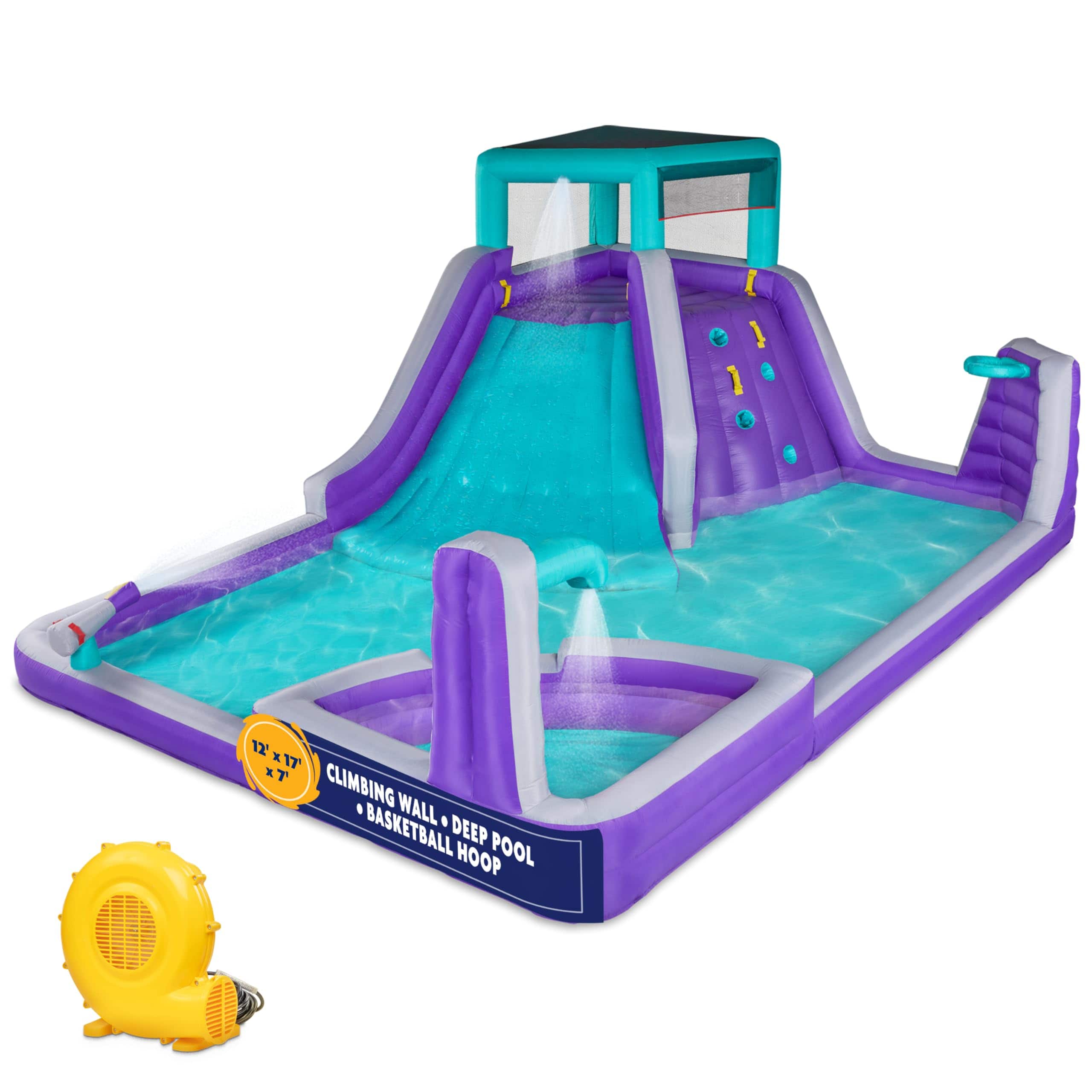 Sunny & Fun - Four Corner Inflatable Water Slide Park with Climbing Wall, Slide & Deep Pool - Purple