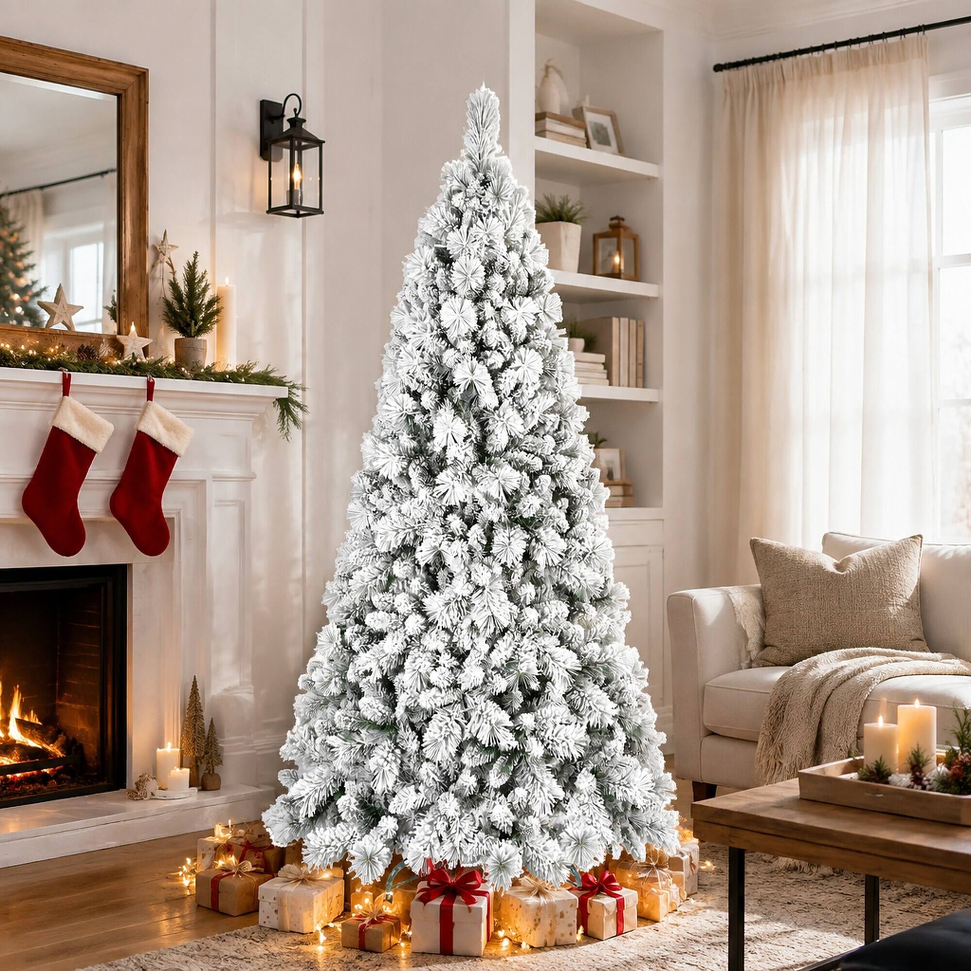 Angle. RYHNUYNE - 7.5FT Flocked Christmas Tree, 1252 Snowy PVC Hard Needle Branches Hinged Design Easy Setup Stable Metal Stand - Green,White.