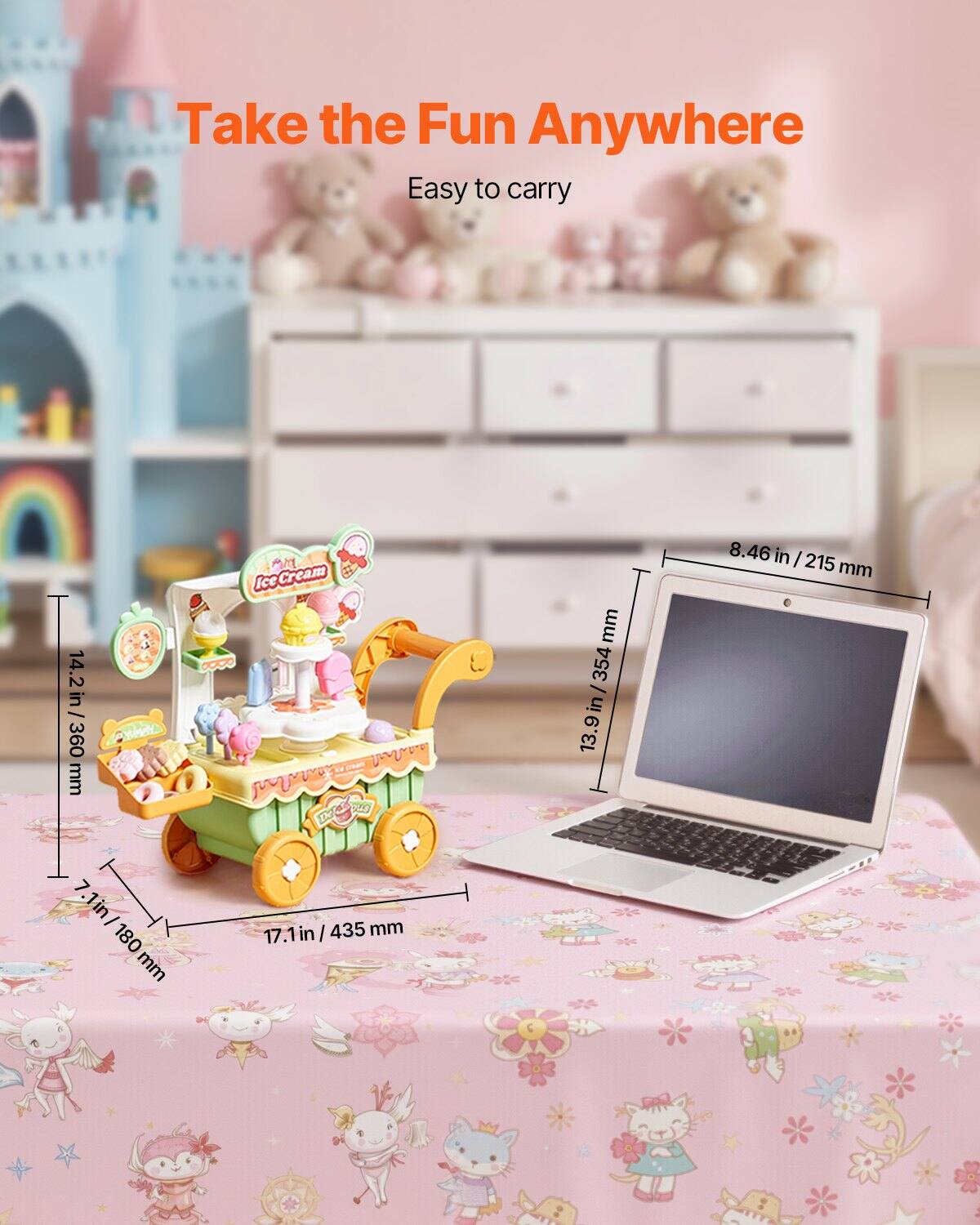 Take the Fun Anywhere  
Easy to carry  

Ice Cream  
14.2 in / 360 mm  
7.1 in / 180 mm  
17.1 in / 435 mm  

13.9 in / 354 mm  
8.46 in / 215 mm