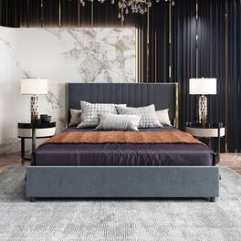 FUFU & GAGA - FUFU&GAGA Upholstered Queen - Size Bed Frame: LED, Storage & Luxury Design - Gray