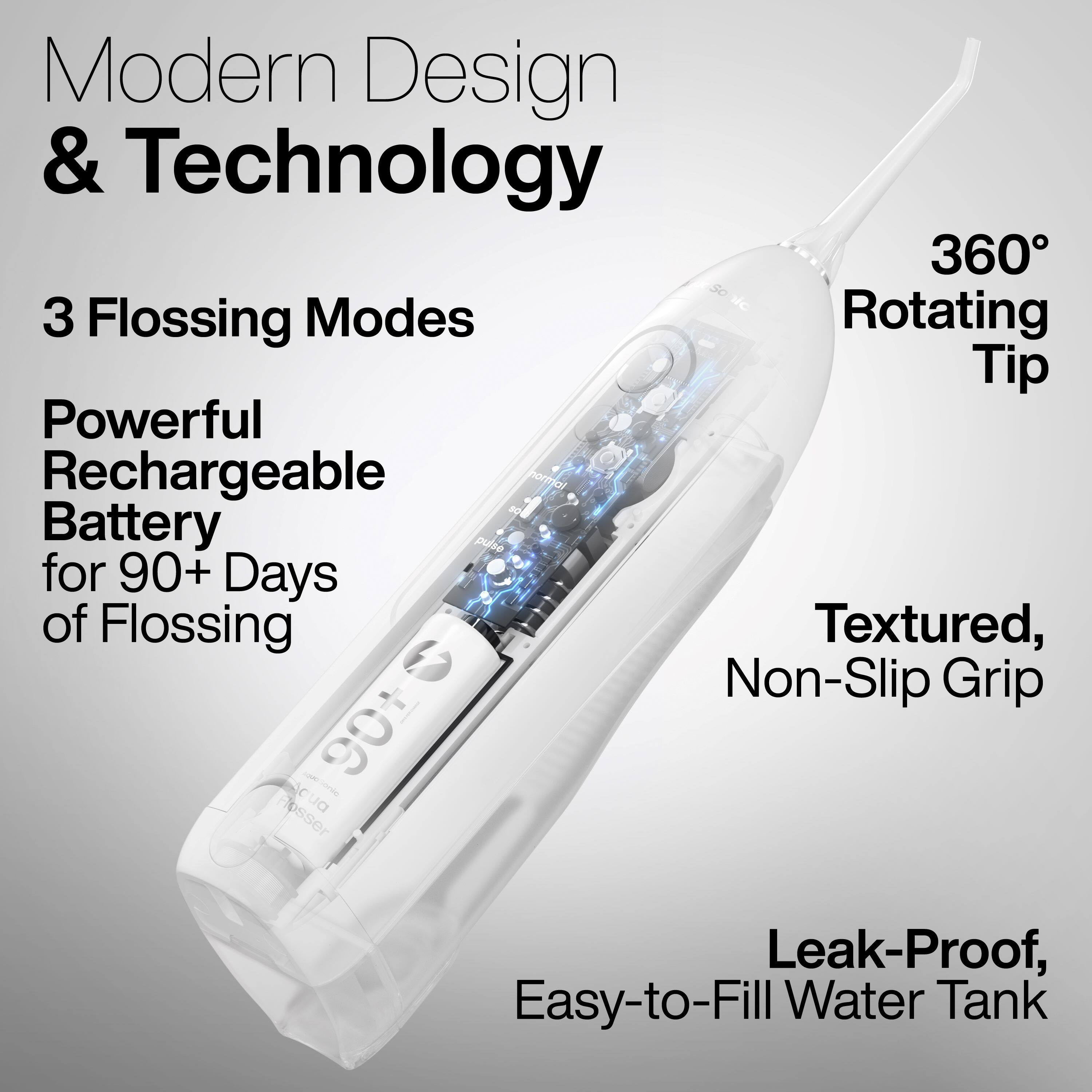 Modern Design & Technology  
3 Flossing Modes  
360° Rotating Tip  
Powerful Rechargeable Battery for 90+ Days of Flossing  
Textured, Non-Slip Grip  
Leak-Proof, Easy-to-Fill Water Tank