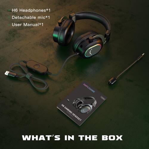 H6 Headphones*1  
Detachable mic*1  
User Manual*1  

AMPLIGAME AMPL H6 GAMING HEADSET  

WHAT'S IN THE BOX