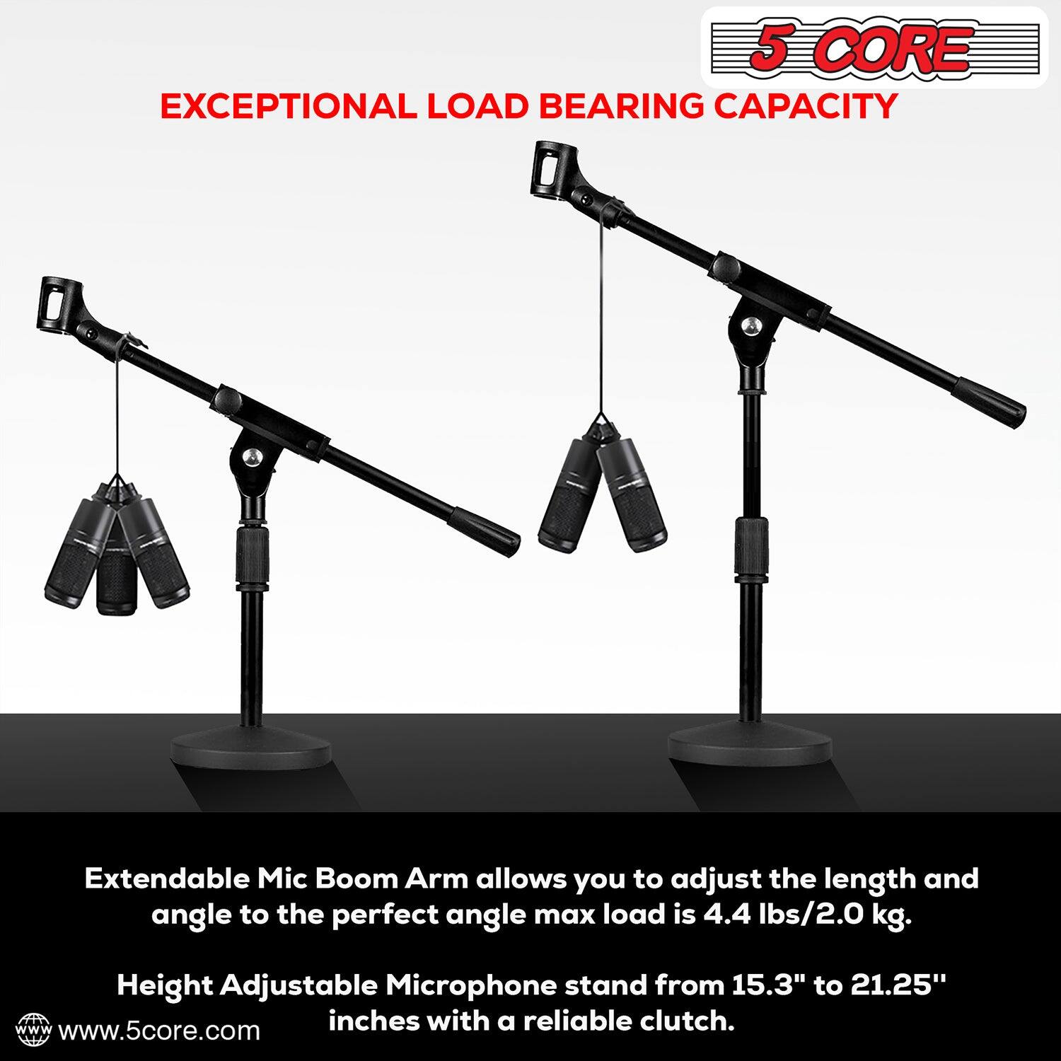 The text from the image can be grouped and corrected as follows:

---

**5 CORE EXCEPTIONAL LOAD BEARING CAPACITY**

Extendable Mic Boom Arm allows you to adjust the length and angle to the perfect angle. Max load is 4.4 lbs/2.0 kg. Height Adjustable Microphone stand from 15.3" to 21.25" inches with a reliable clutch.

[www.5core.com](http://www.5core.com)

---

This text highlights the key features of the microphone stand, including its load-bearing capacity, adjustability, and height range.