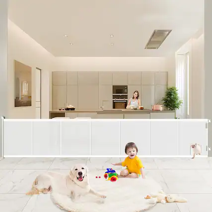 Front. Pawtners - Pawtners 41" Tall Retractable Baby & Pet Gate, Extra Wide Up to 120", Indoor/Outdoor Safety Gate with Cat Door, White - White.