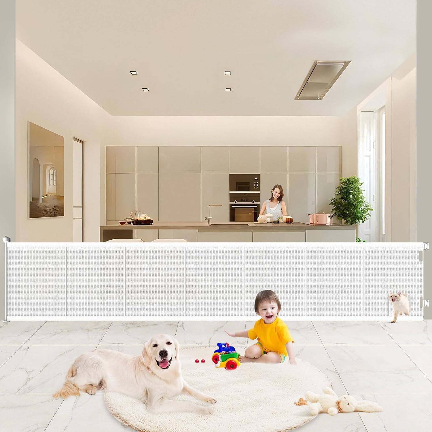 Pawtners - 41" Tall Retractable Baby & Pet Gate, Extra Wide Up to 120", Indoor/Outdoor Safety Gate with Cat Door - White