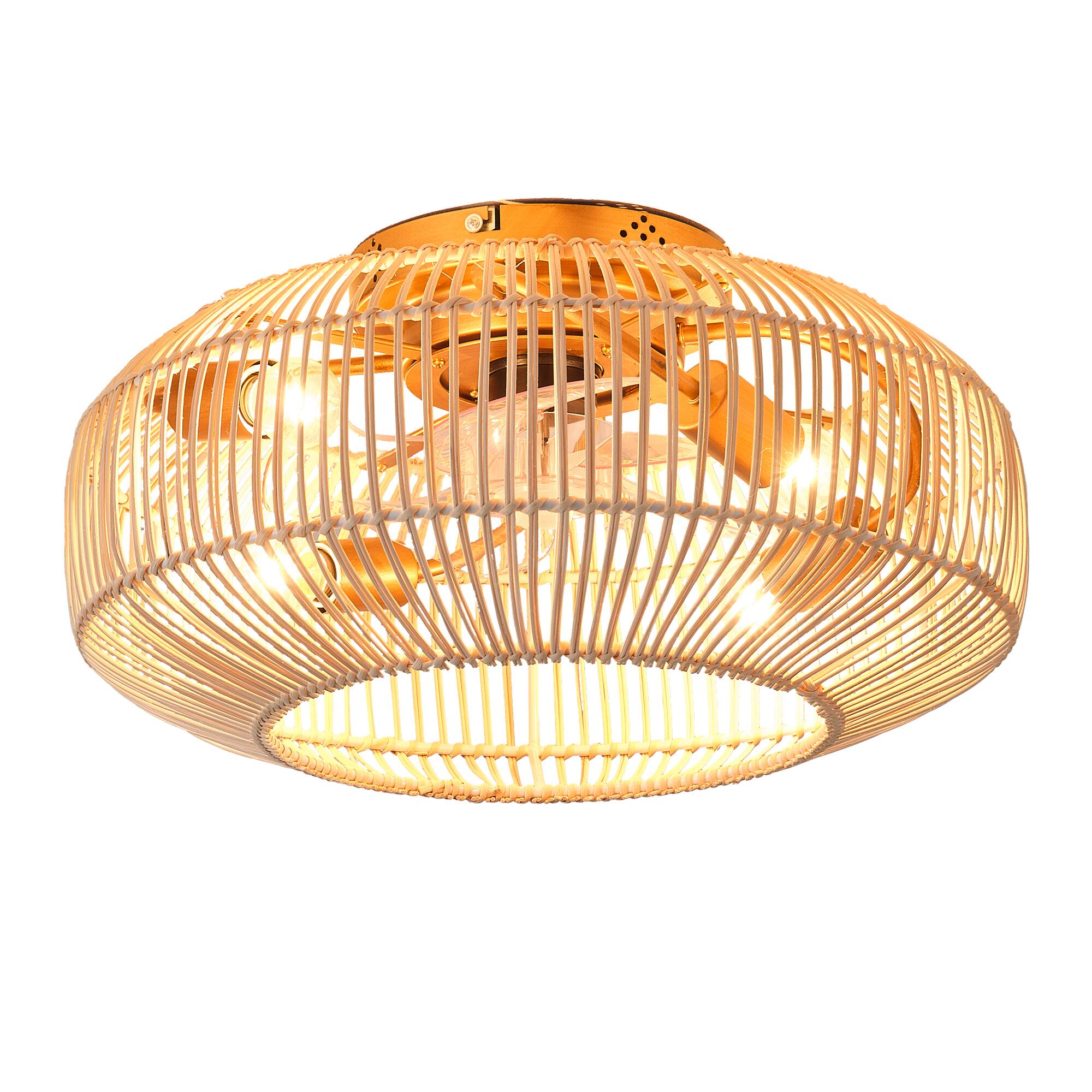 Alt View 8. Parrot Uncle - 20" Coastal Weave Rattan Gold Flush Mount Caged Ceiling Fan with Remote - Gold.
