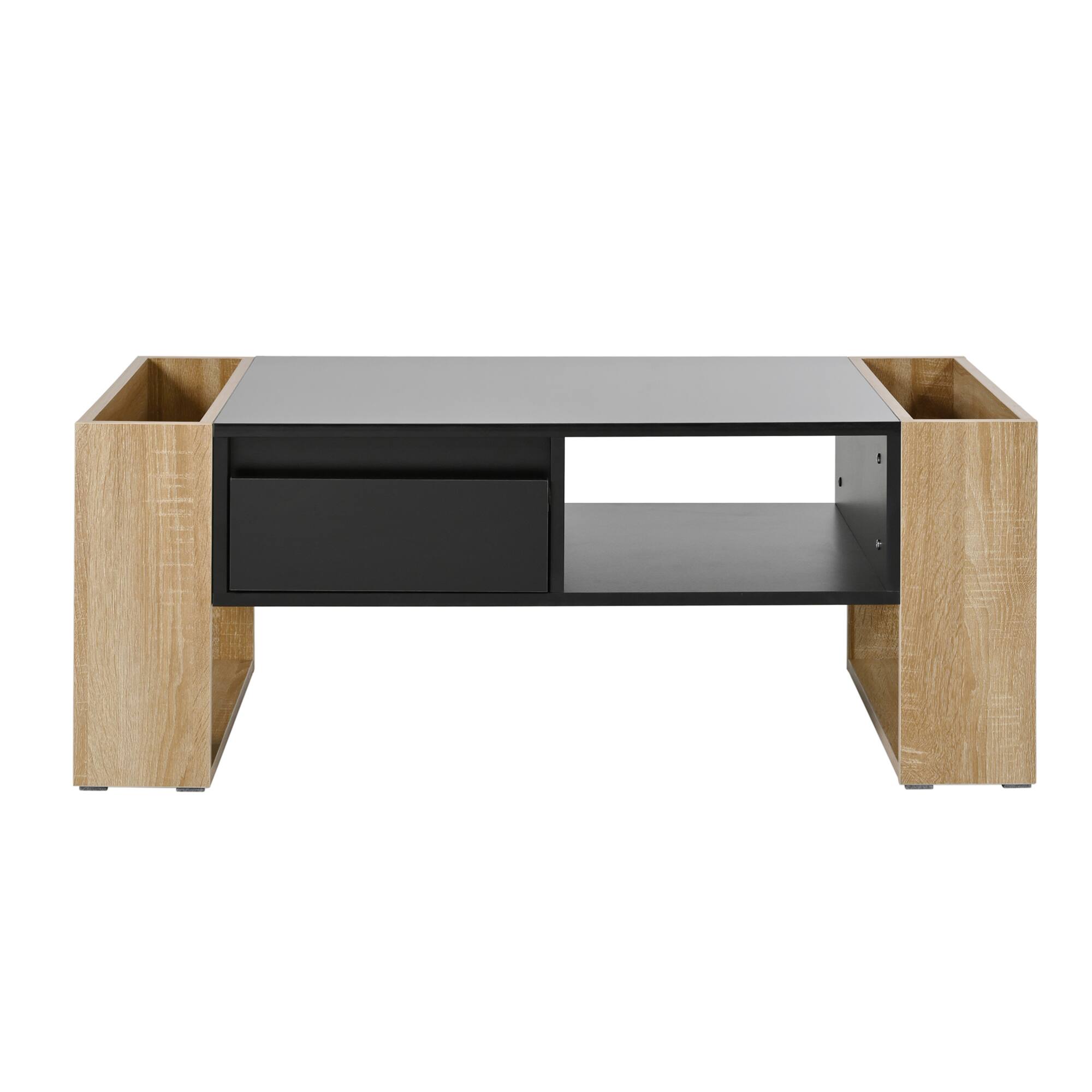 Alt View 5. GOODSILO - Stylish High Gloss Coffee Table with Hidden Storage Drawers and Open Shelf for Living Room or Bedroom - Black+Natural.